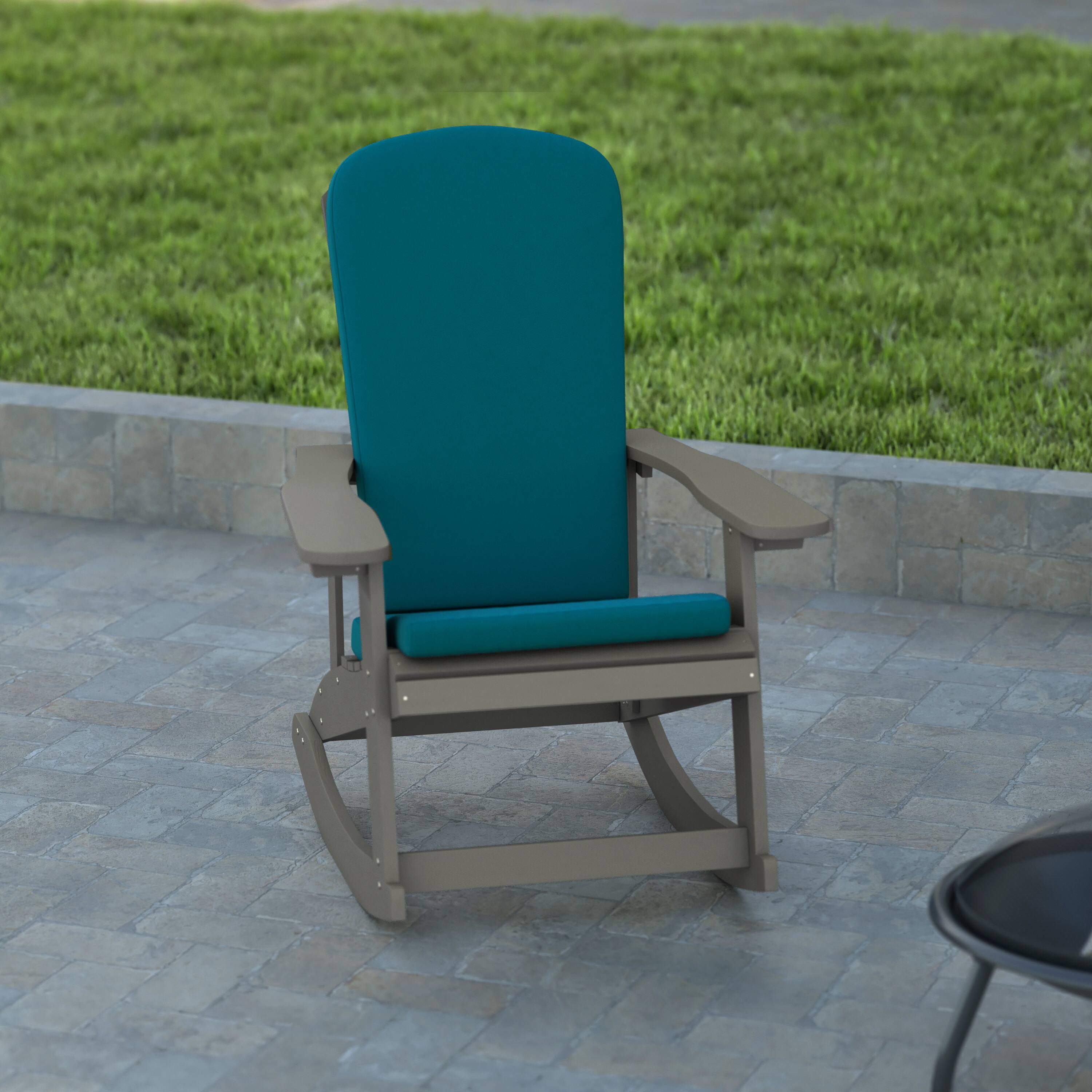 Alt View 5. Emma + Oliver - Marcy Set of 2 All-Weather Poly Resin Adirondack Rocking Chairs with Cushions - Teal Cushions/Gray Frame.