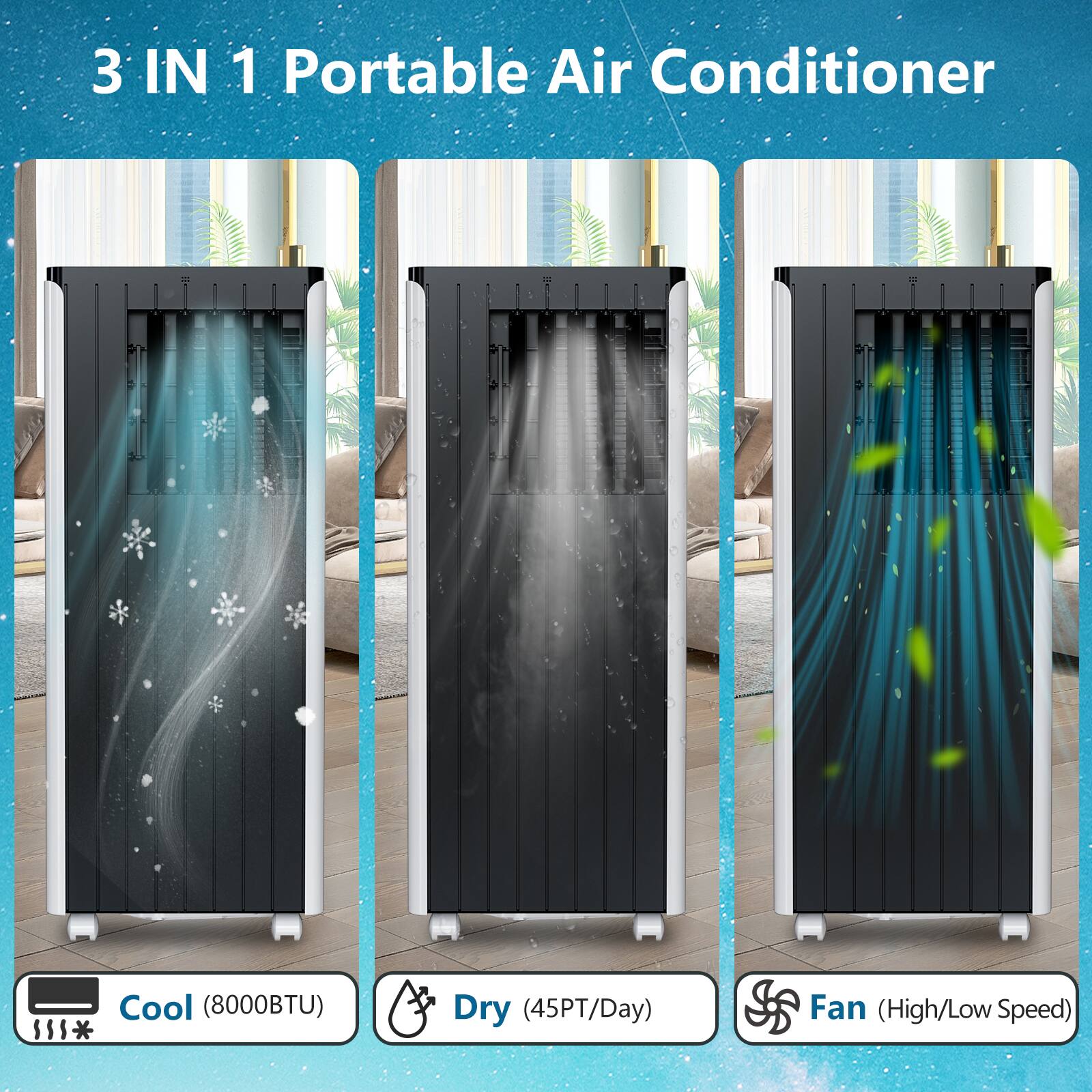 3 IN 1 Portable Air Conditioner

Cool (8000BTU)

Dry (45PT/Day)

Fan (High/Low Speed)