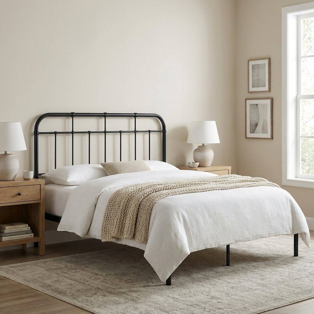 Left. FurniFact - Metal King Headboard with Sleek Design and Durable Construction for Bedroom - Black.
