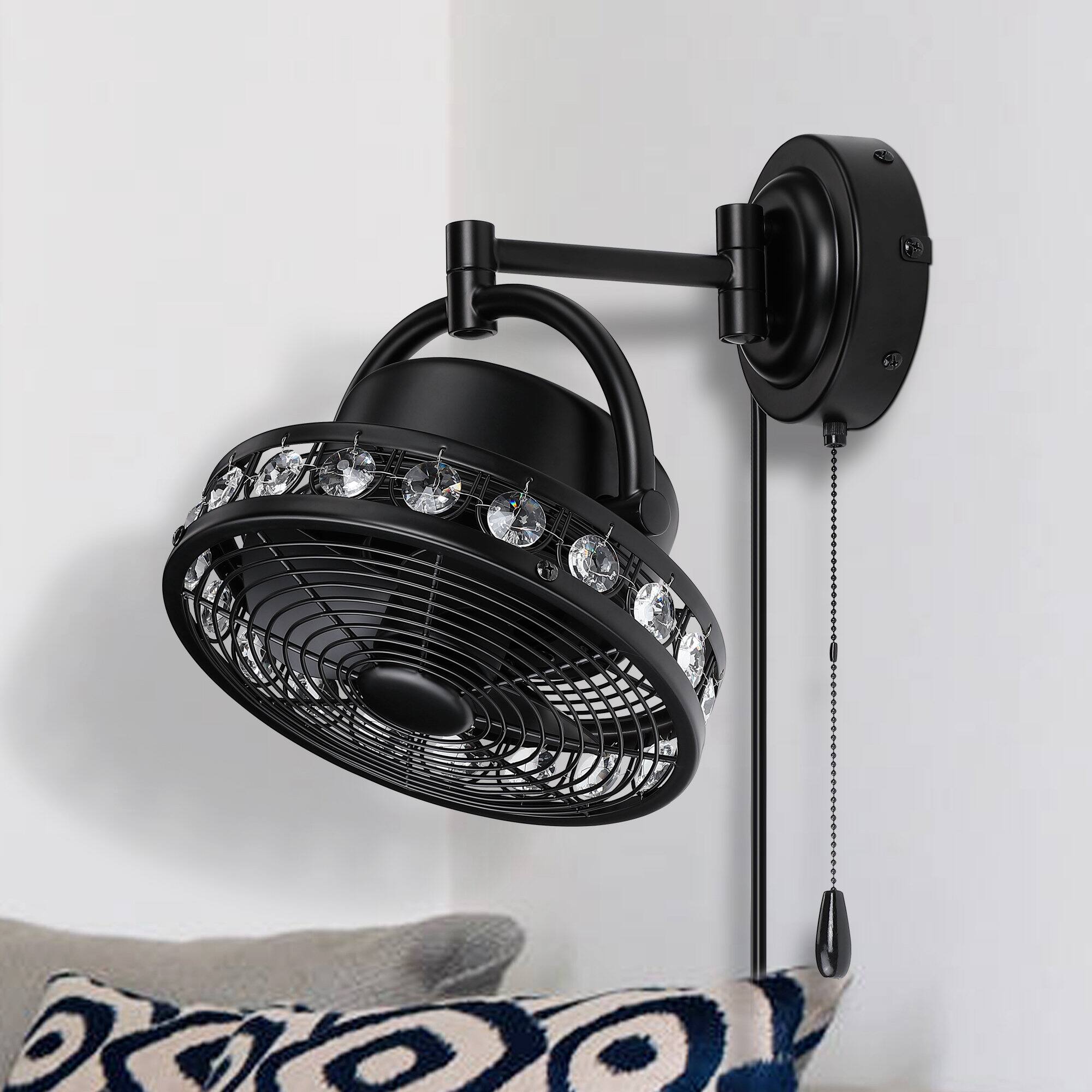 Front. Parrot Uncle - 10" Industrial Black Wall Mount Fan with Crystal Accents, 3-Speed Pull Chain Control - Black.
