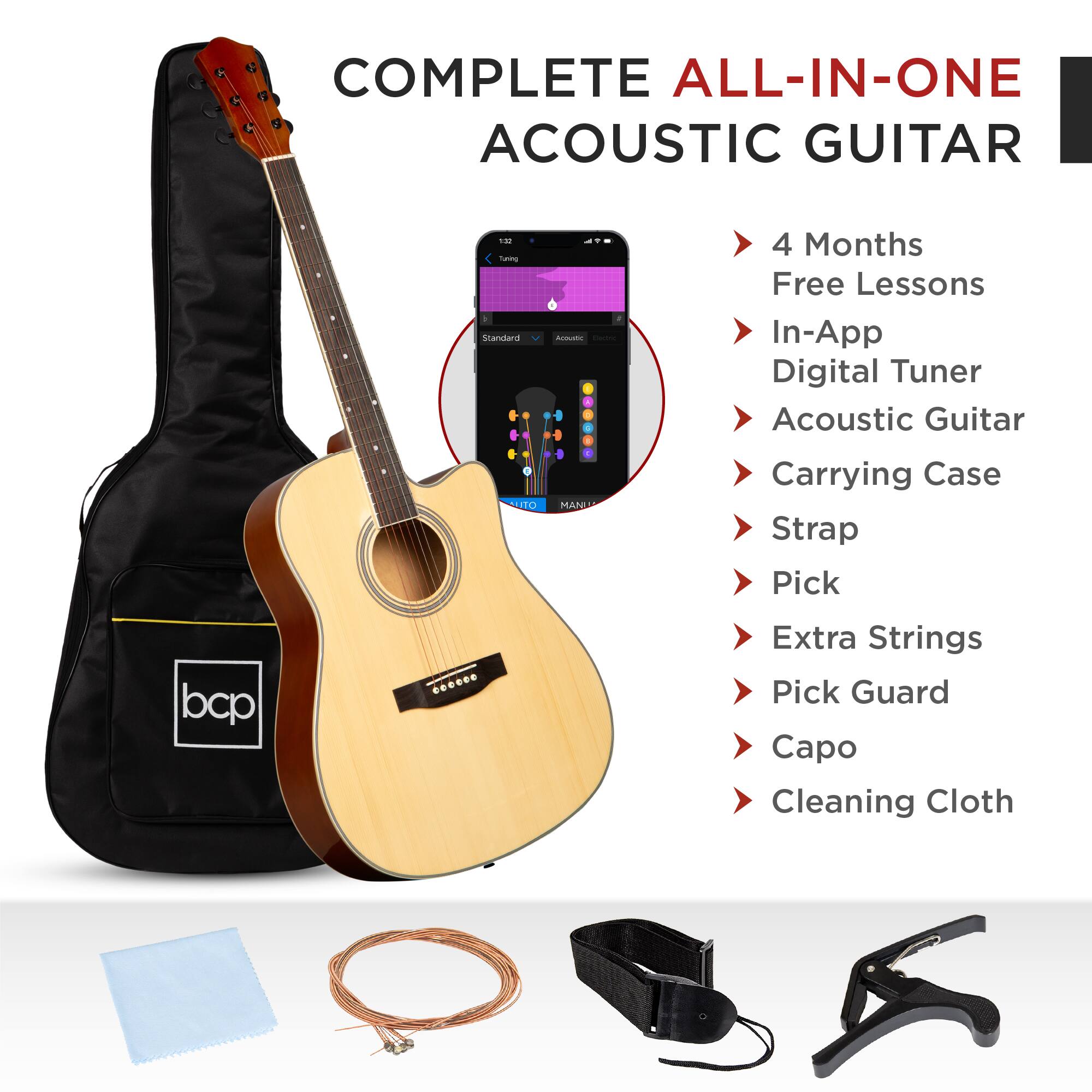 COMPLETE ALL-IN-ONE ACOUSTIC GUITAR

- 4 Months Free Lessons
- In-App Digital Tuner
- Acoustic Guitar
- Carrying Case
- Strap
- Pick
- Extra Strings
- Pick Guard
- Capo
- Cleaning Cloth
