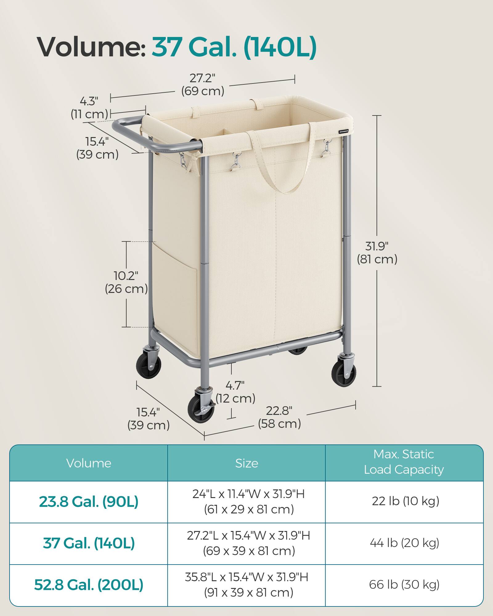 Volume: 37 Gal. (140L)  
27.2" (69 cm)  
4.3" (11 cm)  
15.4" (39 cm)  
10.2" (26 cm)  
31.9" (81 cm)  
4.7" (12 cm)  
22.8" (58 cm)  

Volume | Size | Max. Static Load Capacity  
---|---|---  
23.8 Gal. (90L) | 24"L x 11.4"W x 31.9"H (61 x 29 x 81 cm) | 22 lb (10 kg)  
37 Gal. (140L) | 27.2"L x 15.4"W x 31.9"H (69 x 39 x 81 cm) | 44 lb (20 kg)  
52.8 Gal. (200L) | 35.8"L x 15.4"W x 31.9"H (91 x 39 x 