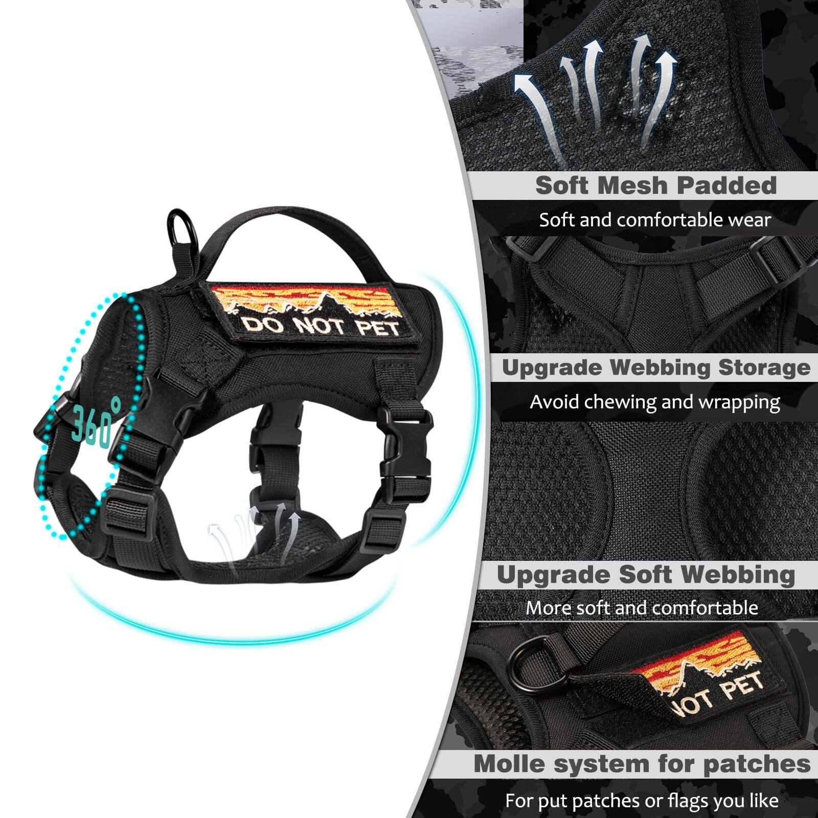 - Soft Mesh Padded
  - Soft and comfortable wear

- Upgrade Webbing Storage
  - Avoid chewing and wrapping

- Upgrade Soft Webbing
  - More soft and comfortable

- Molle system for patches
  - For put patches or flags you like

- DO NOT PET

- 360°