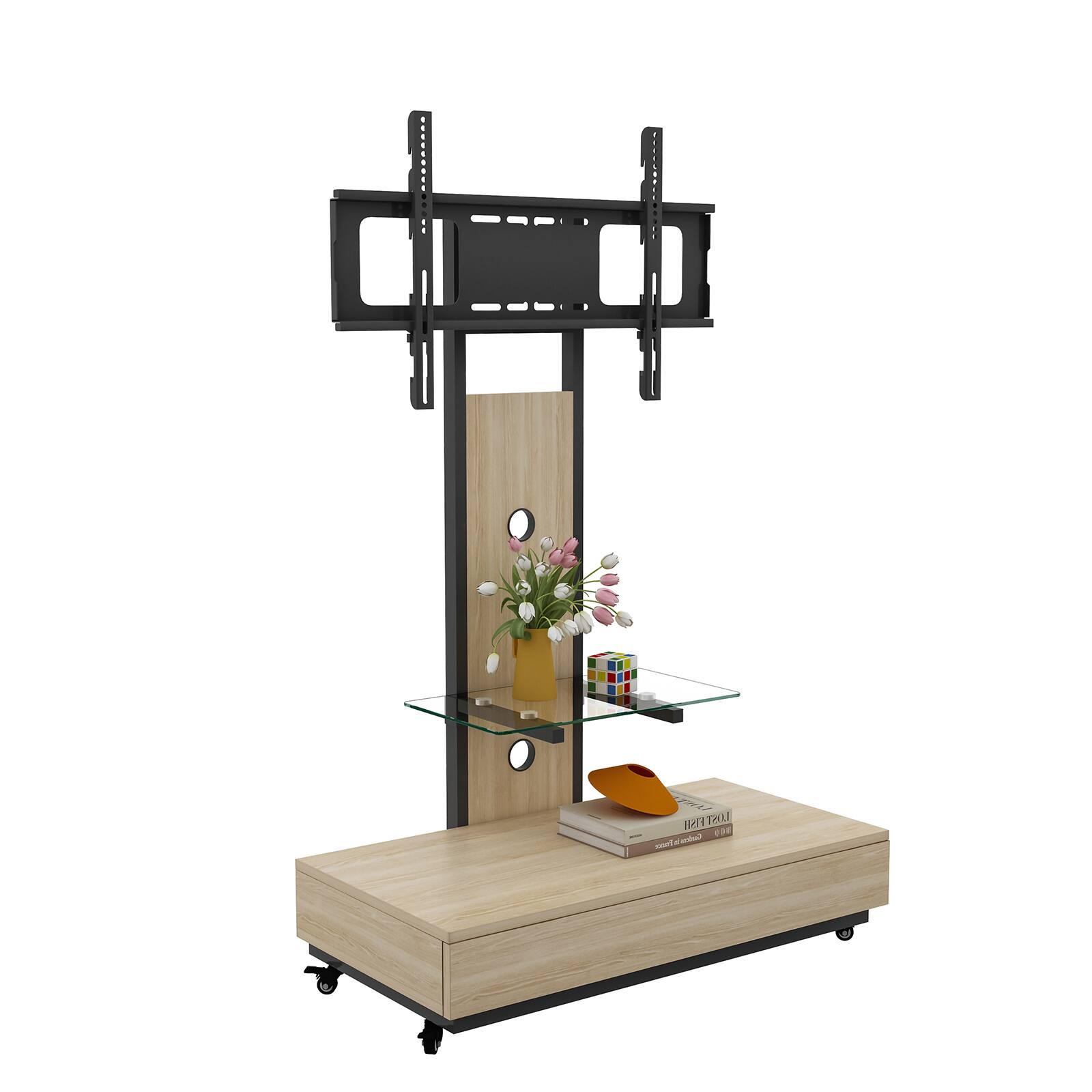 Alt View 7. Chateau Abodes - Mobile TV Stand Cart for 32-75 inch TVs with Push-Pull Drawer, Wood & Glass Design on Lockable Wheels - Natural.