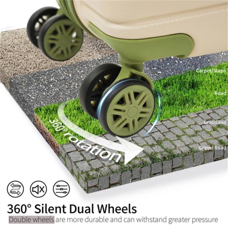 360° Silent Dual Wheels  
Double wheels are more durable and can withstand greater pressure  

Carpet/Steps  
Road  
Grassland  
Gravel Road  

360° rotation