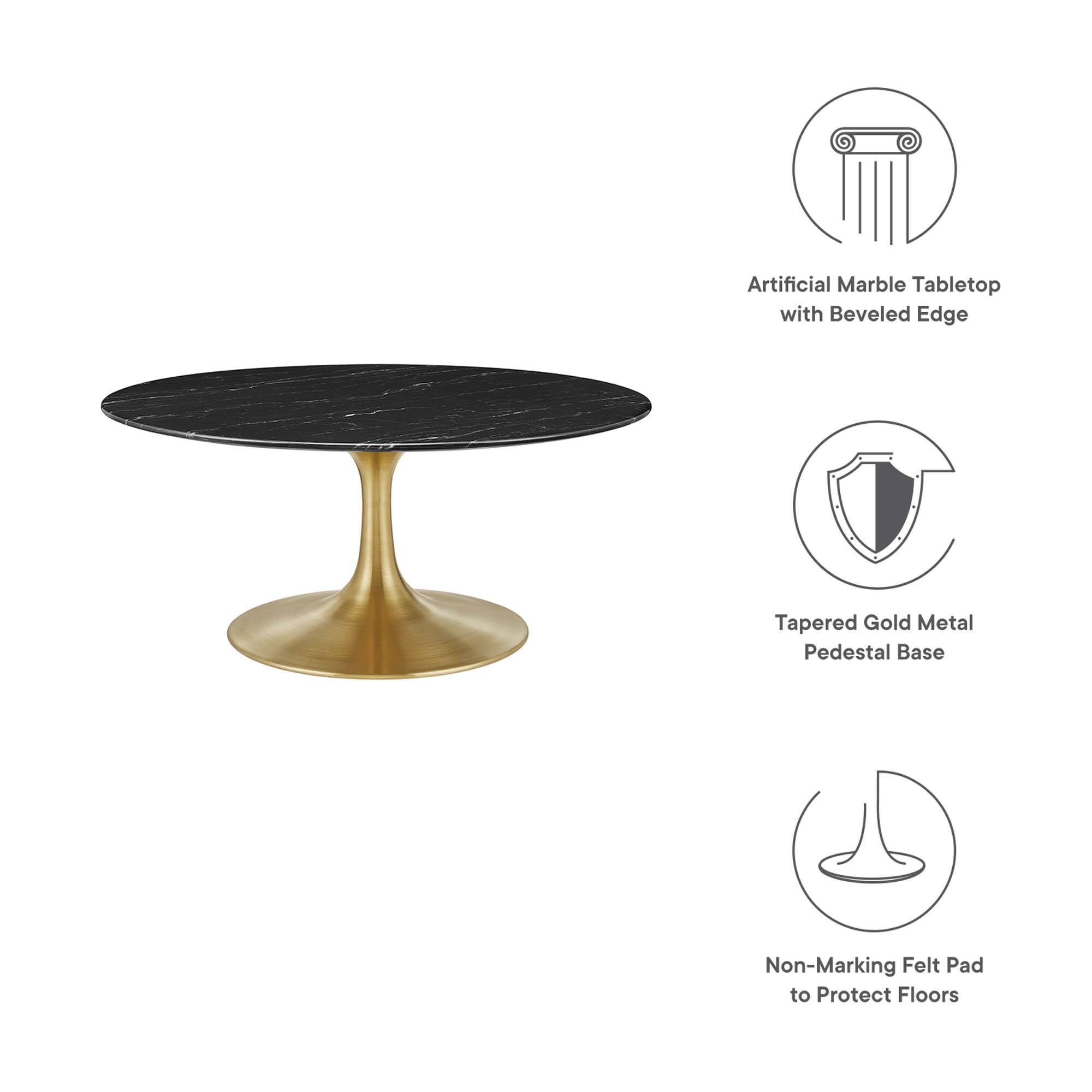 Artificial Marble Tabletop with Beveled Edge

Tapered Gold Metal Pedestal Base

Non-Marking Felt Pad to Protect Floors