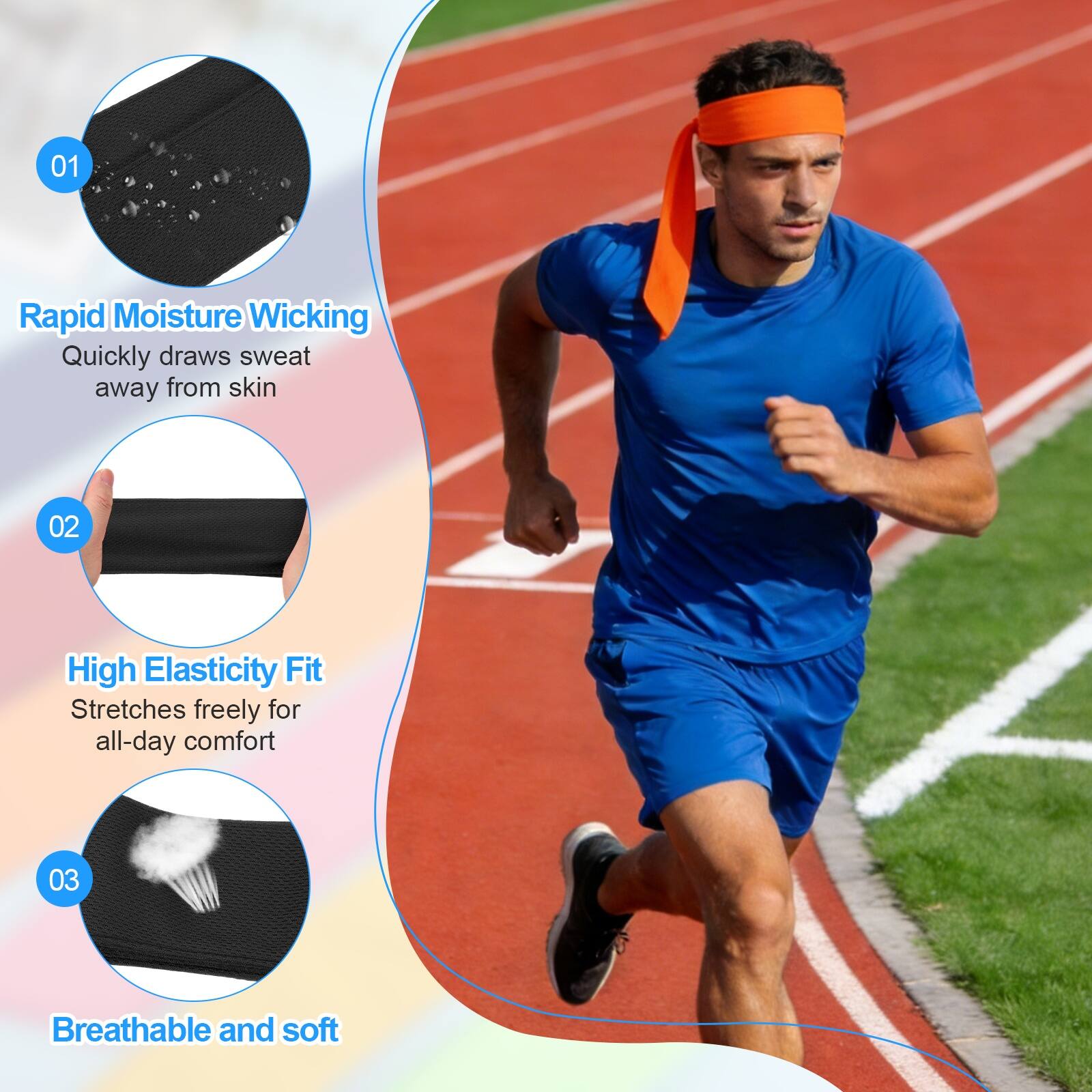 01 Rapid Moisture Wicking: Quickly draws sweat away from skin  
02 High Elasticity Fit: Stretches freely for all-day comfort  
03 Breathable and soft