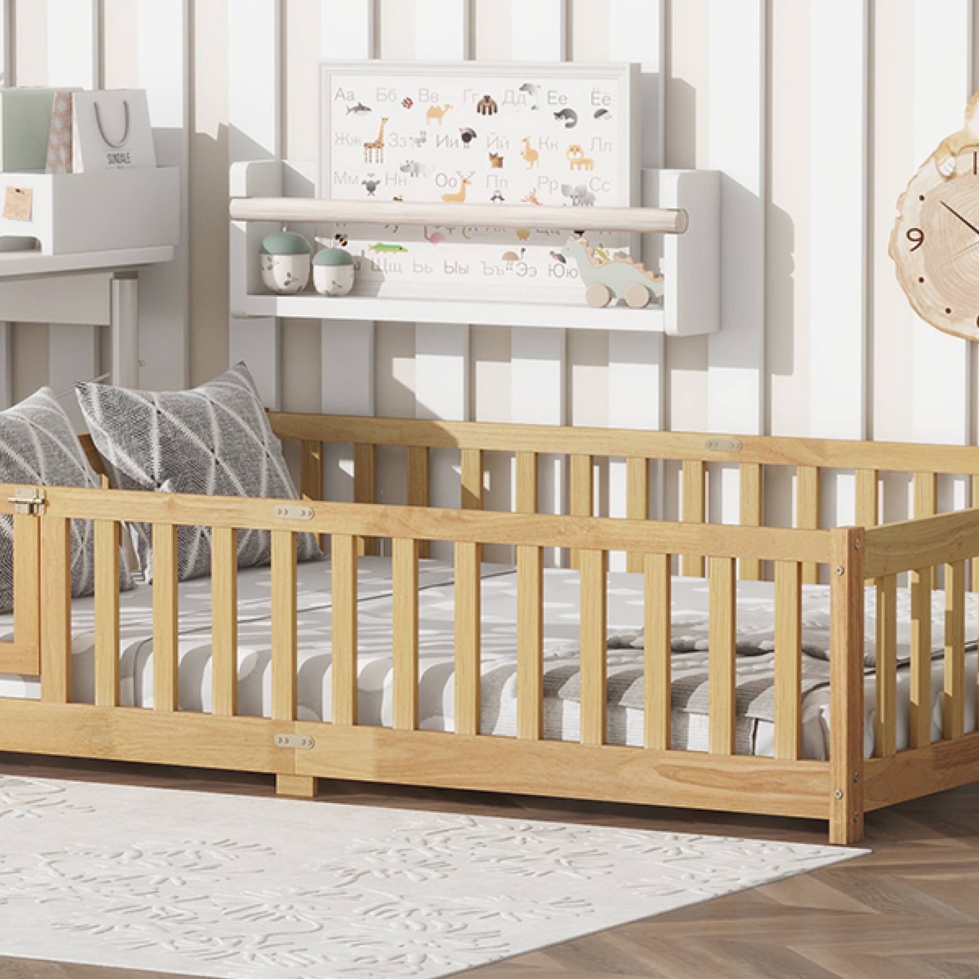 Alt View 2. GOODSILO - Full Size Floor Bed with Safety Fence and Revolving Door for Children, Sturdy Rubber Wood Construction - Natural.