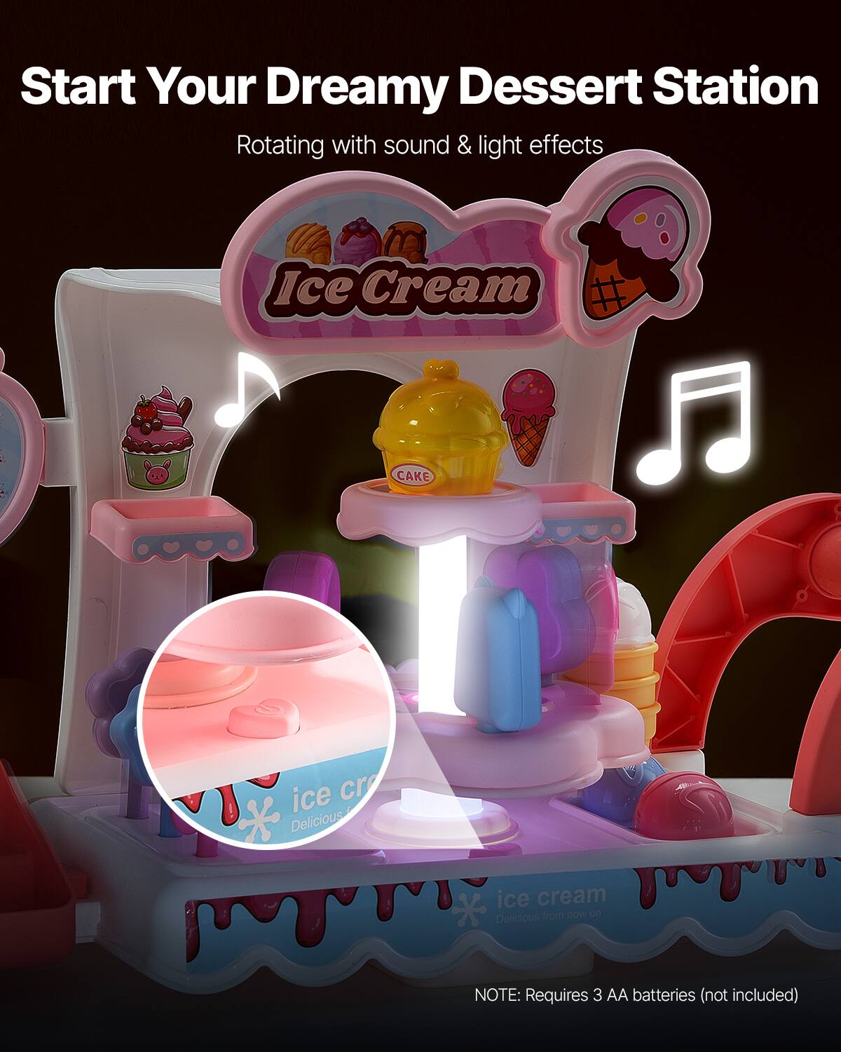 Start Your Dreamy Dessert Station  
Rotating with sound & light effects  

Ice Cream  

Delicious ice cream from now on  

NOTE: Requires 3 AA batteries (not included)