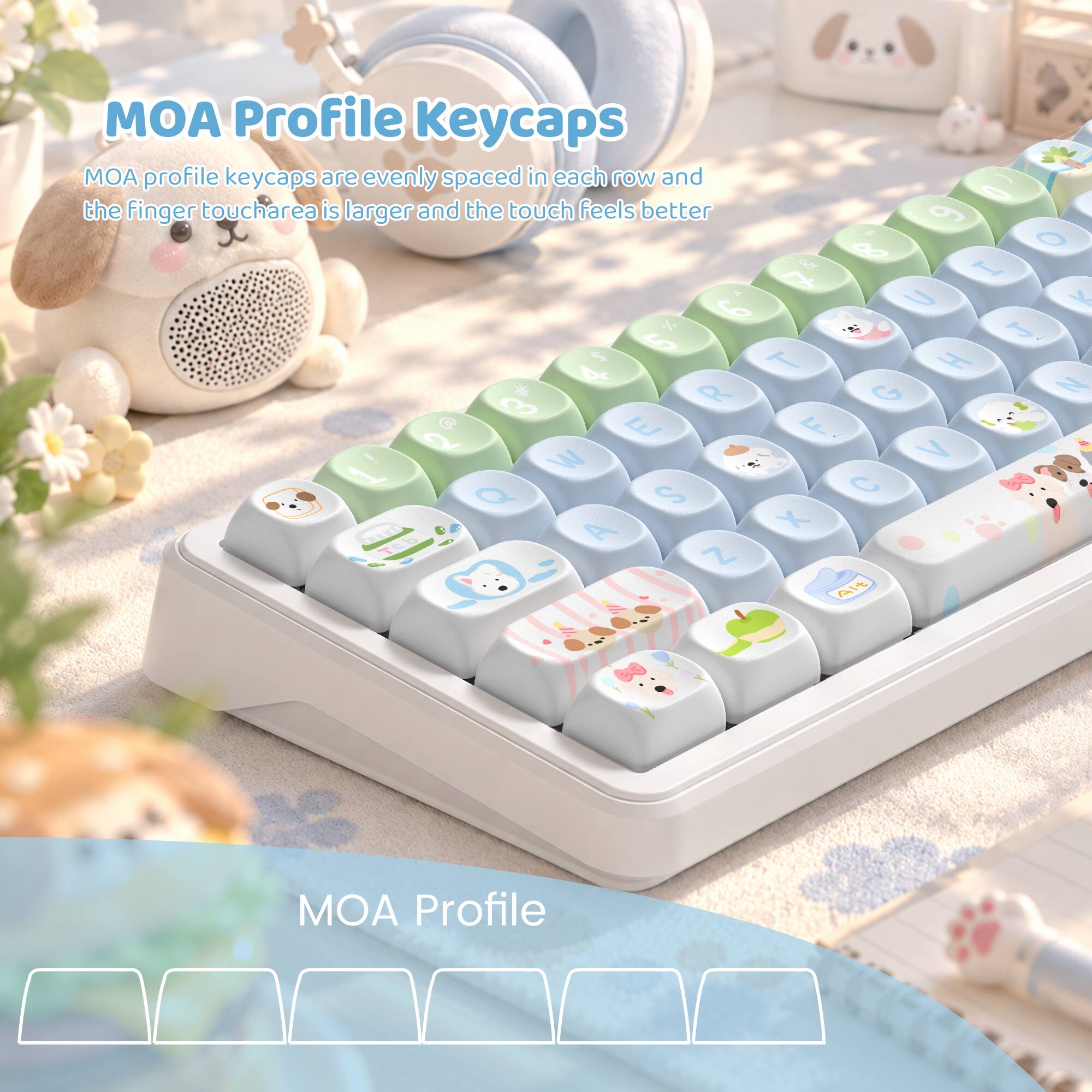 MOA Profile Keycaps  
MOA profile keycaps are evenly spaced in each row and the finger touch area is larger and the touch feels better