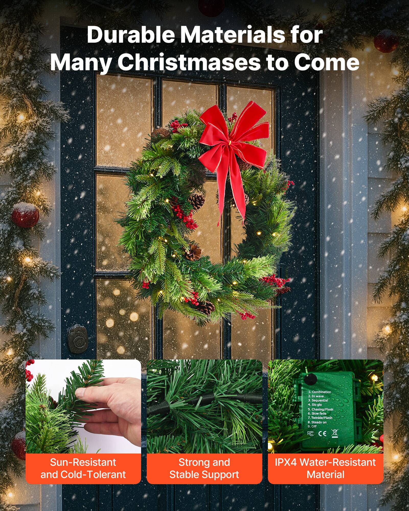 Durable Materials for Many Christmases to Come

- Sun-Resistant and Cold-Tolerant
- Strong and Stable Support
- IPX4 Water-Resistant Material