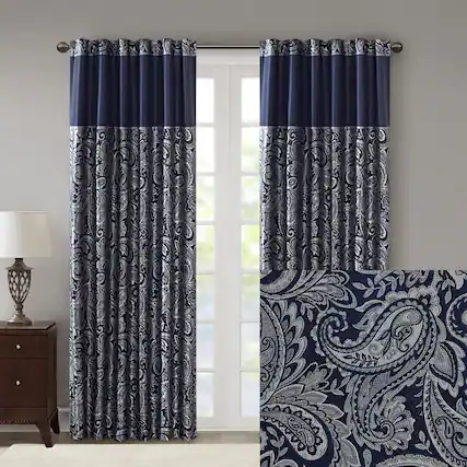 Front. BreeBe - Jacquard Curtain Panel Pair - Navy.