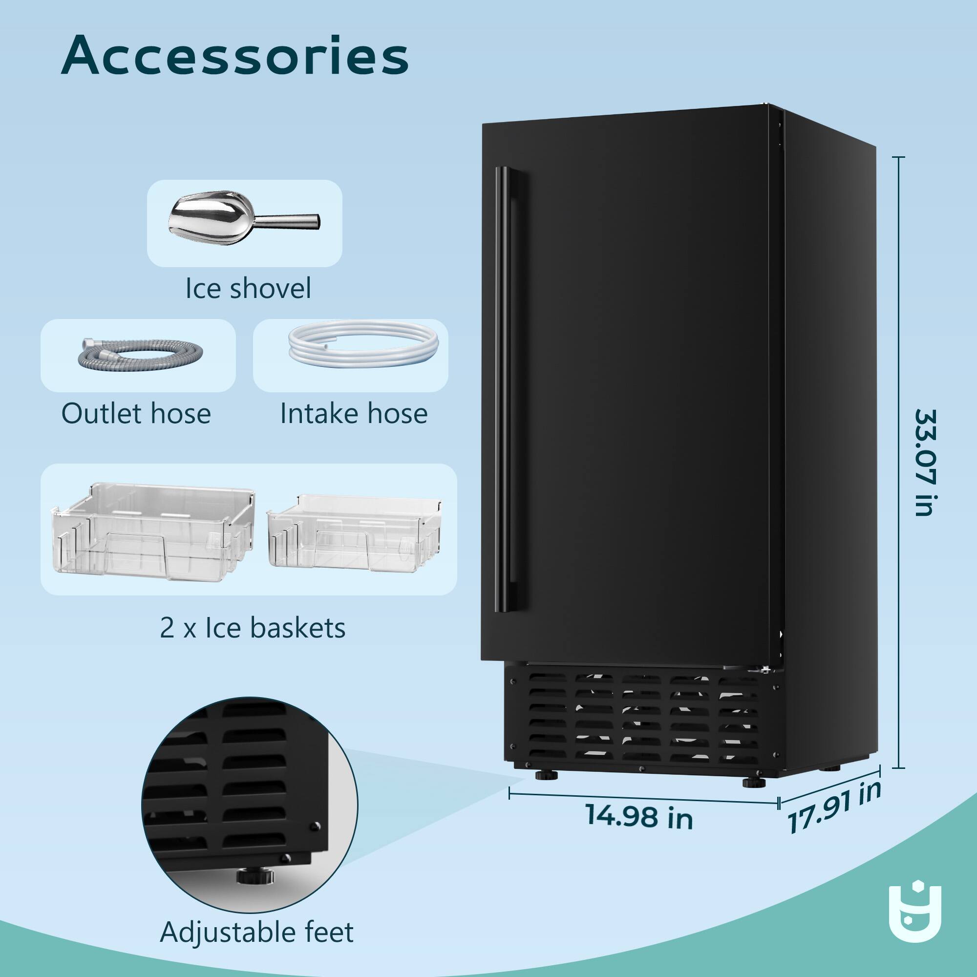 Accessories: Ice shovel, Outlet hose, Intake hose, 2 x Ice baskets, Adjustable feet  
Dimensions: 33.07 in (height), 14.98 in (width), 17.91 in (depth)