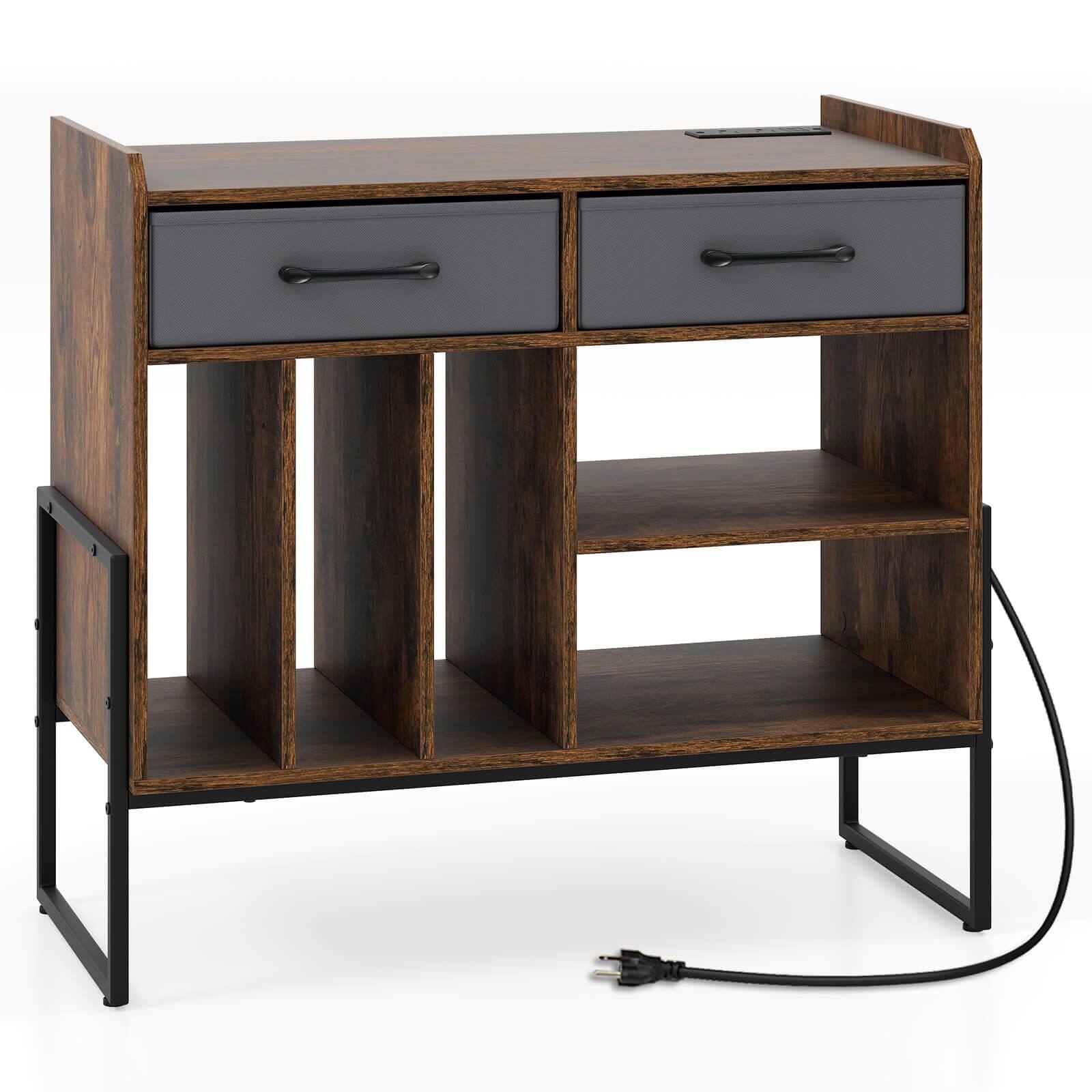 Alt View 9. Costway - Costway Large Record Player Stand with Charging Station, 2 Fabric Drawers, Adjustable Shelf - Rustic Brown & Gray.
