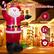 The text on the image is grouped as follows:
1. Lighted Giant Santa Claus: This is a large inflatable Santa Claus figure that is illuminated by LED lights.
2. Bright LED Lights: The Santa Claus figure is decorated with bright LED lights, which add to its festive appearance.
3. Waterproof Polyester Fabric: The Santa Claus figure is made of waterproof polyester fabric, ensuring that it can withstand various weather conditions.
4. UL-certified UL Adapter: The Santa Claus figure is equipped with a UL-certified UL adapter, which ensures its safety and compliance with relevant standards.