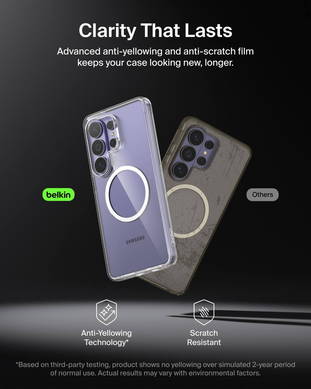 Clarity That Lasts  
Advanced anti-yellowing and anti-scratch film keeps your case looking new, longer.

belkin  
Anti-Yellowing Technology*  
Scratch Resistant*  
*Based on third-party testing, product shows no yellowing over simulated 2-year period of normal use. Actual results may vary with environmental factors.

Others