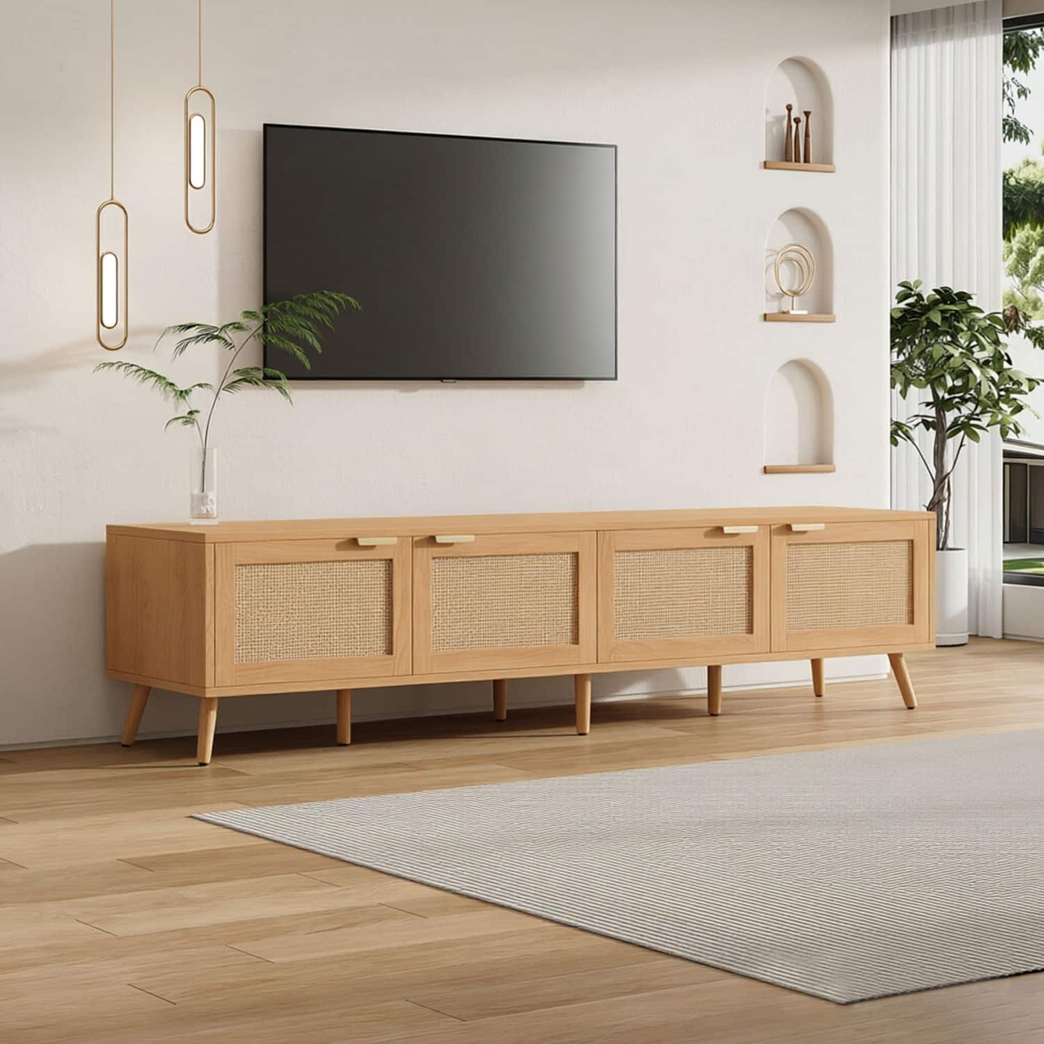 "Z-Edge - Modern TV Stand with Rattan Doors for TVs up to 80"", Media Console with Storage Space & Cable Holes for Living Room - Natural" price history on PriceWatchPro