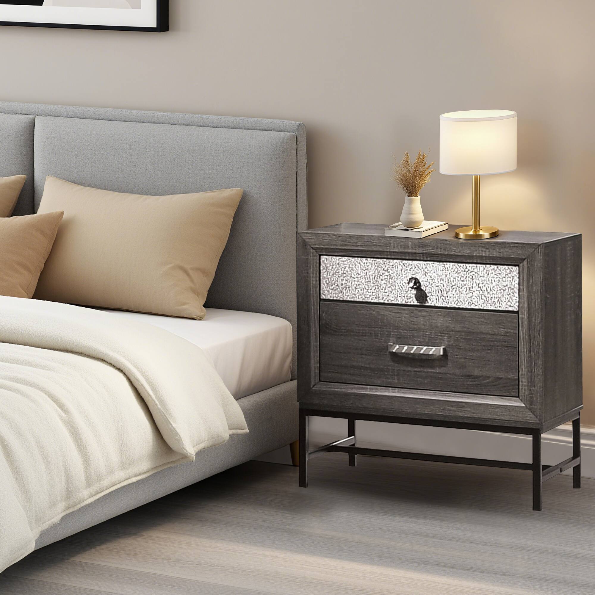 Alt View 1. Vaczon - Modern Metal-Frame Nightstand in Engineered Wood with Sparkling Acrylic Drawer Handles - Gray.