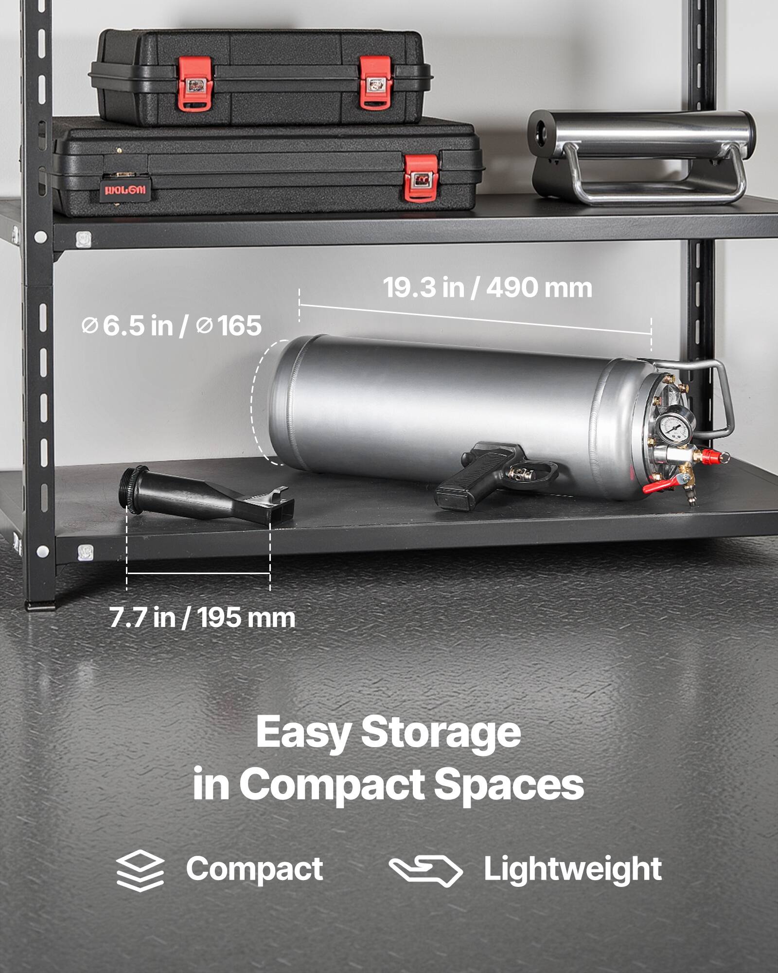 WOLGNI 6.5 in/ 6.5 in  
19.3 in / 490 mm  
7.7 in / 195 mm  
Easy Storage in Compact Spaces  
Compact Lightweight