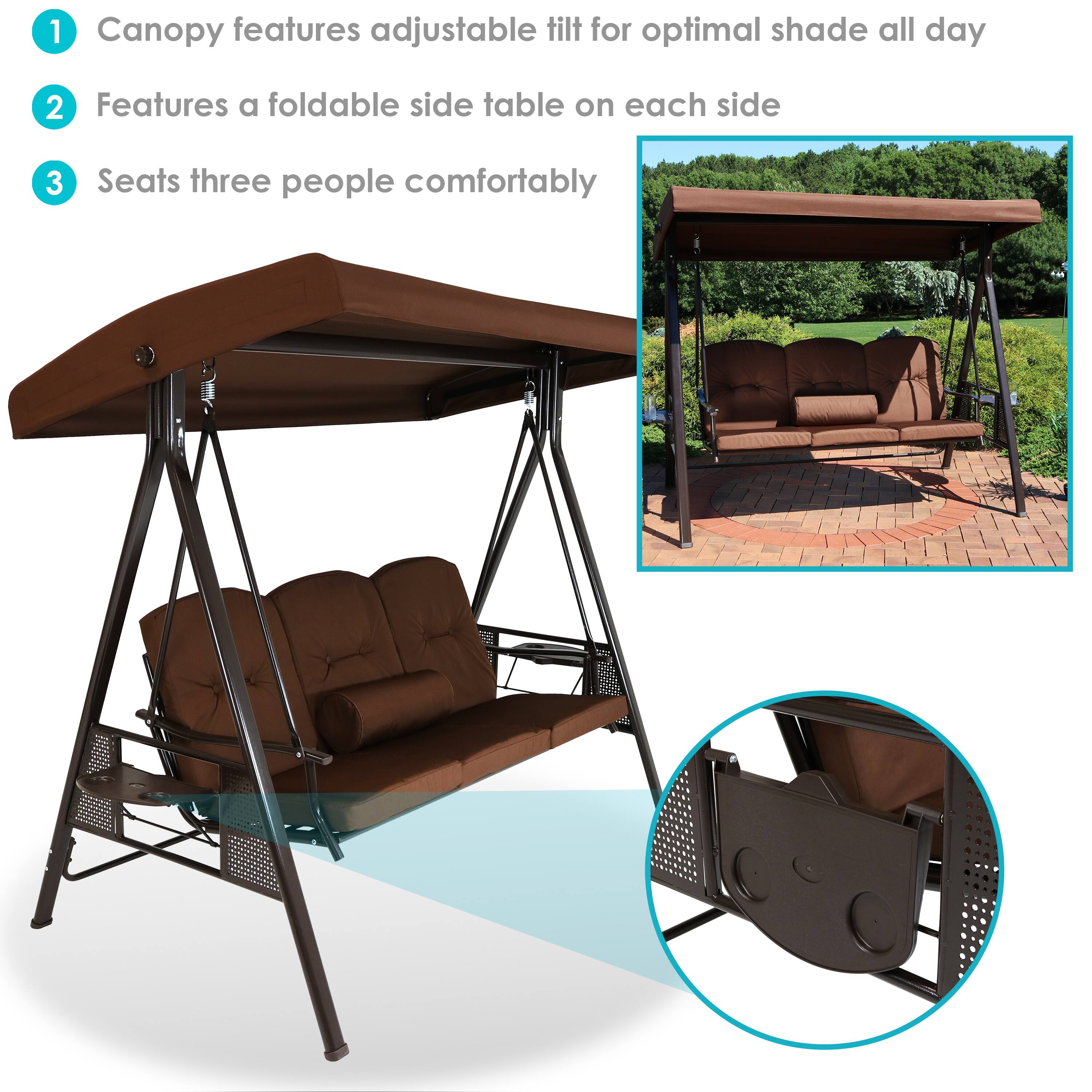 1. Canopy features adjustable tilt for optimal shade all day
2. Features a foldable side table on each side
3. Seats three people comfortably