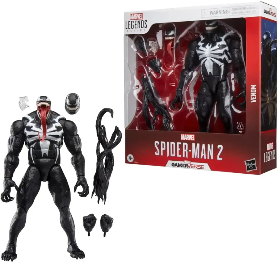 The image features a box of Spider-Man 2 action figures from the Marvel Legends series. The box contains a Spider-Man figure and a Venom figure, both of which are posed in action poses. The figures are made of plastic and are intended for children aged 4 and up. The box also warns that the figures may pose a choking hazard for children under one year of age. The Marvel Legends series is known for its high-quality action figures and attention to detail, making it a popular choice among collectors and fans of the Marvel universe.