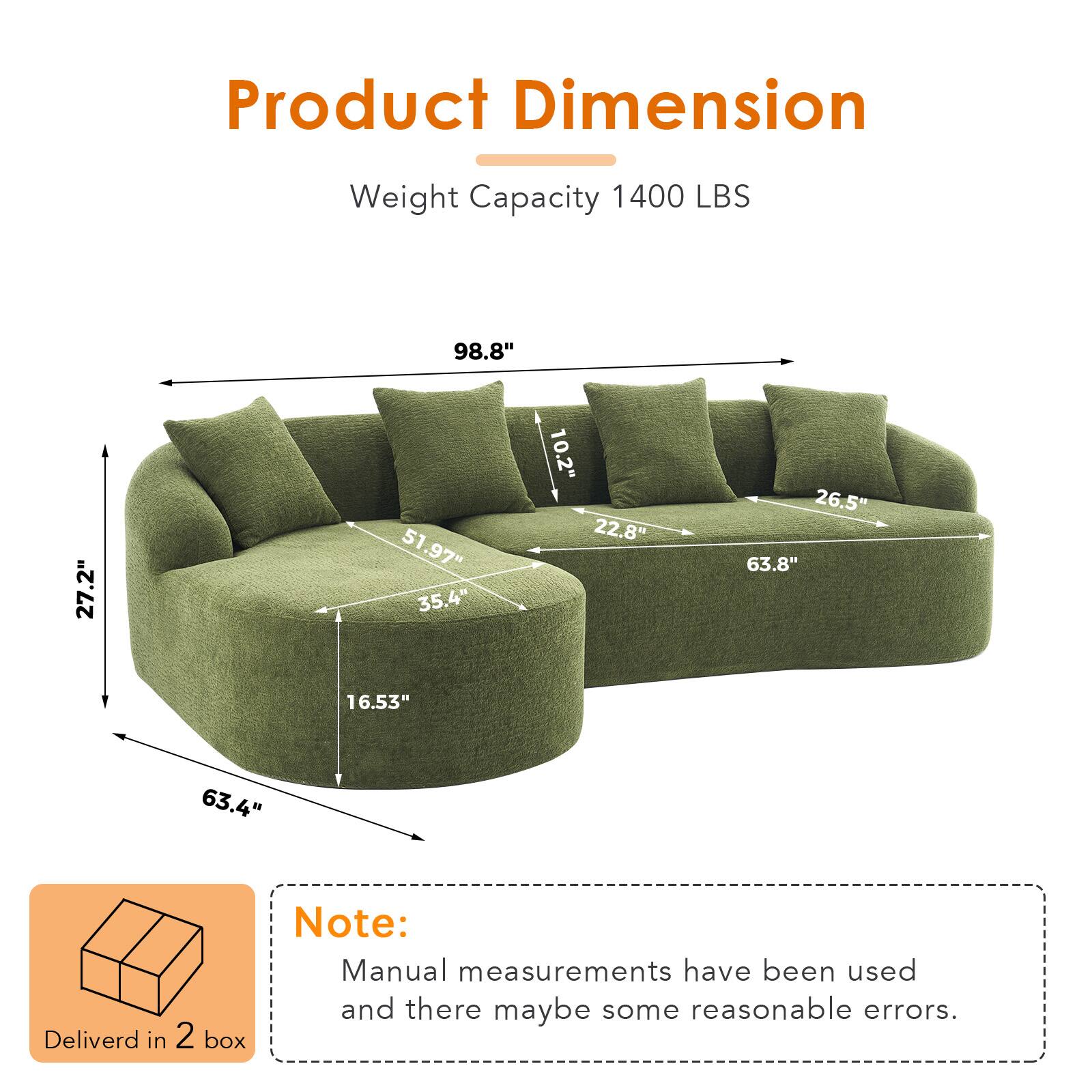 Product Dimension  
Weight Capacity: 1400 LBS  
Dimensions:  
- 98.8"  
- 27.2"  
- 51.97"  
- 35.4"  
- 10.2"  
- 22.8"  
- 26.5"  
- 63.8"  
- 16.53"  
- 63.4"  

Delivered in 2 box  

Note: Manual measurements have been used and there may be some reasonable errors.