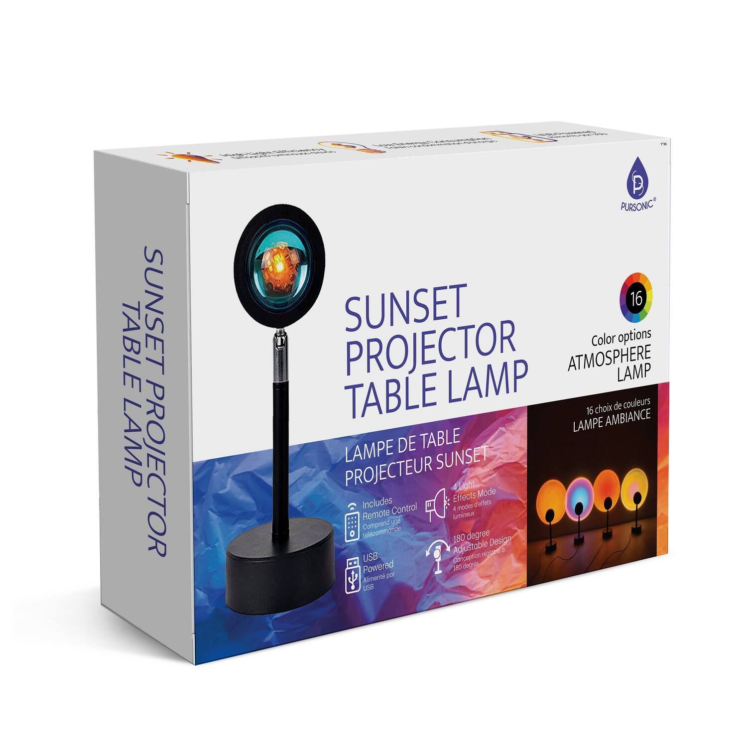 SUNSET PROJECTOR TABLE LAMP  
PURSONIC 16  
Color options  
ATMOSPHERE LAMP  
TABLE LAMP  
16 choix de couleurs  
LAMPE DE TABLE  
LAMPE SUNSET PROJECTEUR  
CGhL  
Effects Mode  
Includes 0 mode dhers  
Control 4  
Remote lumineur  
Comprend C lcomm-d  
180 degree Adjustable Design  
Lo USB dercuption Powered  
iN degres Alimerto DO 8