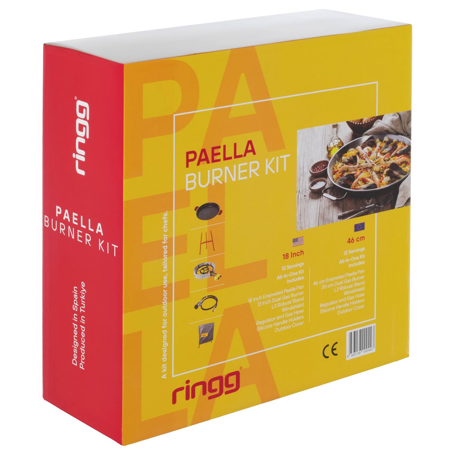 ringg PAELLA BURNER KIT

PAELLA BURNER KIT

A kit designed for outdoor use, tailored for chefs.

- 18 Inch
- 12 Servings
- All-in-One Kit
- 46 cm
- 18 Inch Enameled Paella Pan
- 30 cm Enameled Gas Burner
- 12 Inch Dual Stand
- L3 Windshield
- Regulator and Gas Hose
- Silicone Handle Holders
- Outdoor Cover

Designed in Spain, Produced in Turkey

CE
