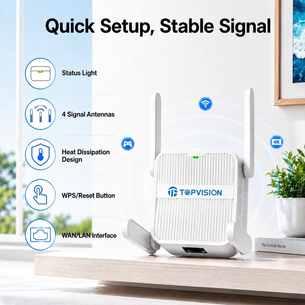 Quick Setup, Stable Signal

- Status Light
- 4 Signal Antennas
- Heat Dissipation Design
- WPS/Reset Button
- WAN/LAN Interface

TOPVISION

The Kinfolk Home