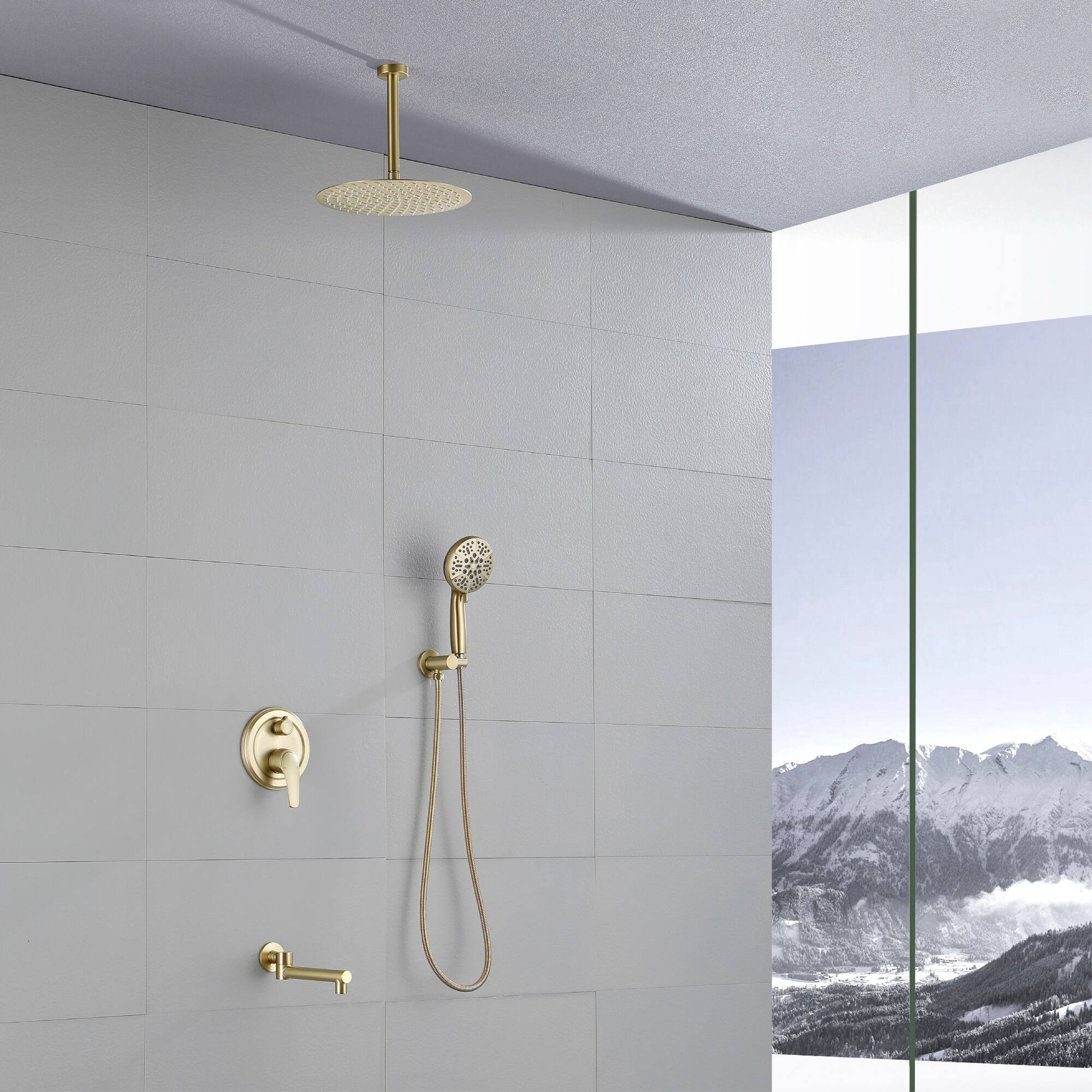 Alt View 1. Boyel Living - Brushed Gold 12-Inch Rain Shower System Brass SUS304 3-Function Valve 7-Function Handheld 180° Spout cUPC - Brushed Gold.
