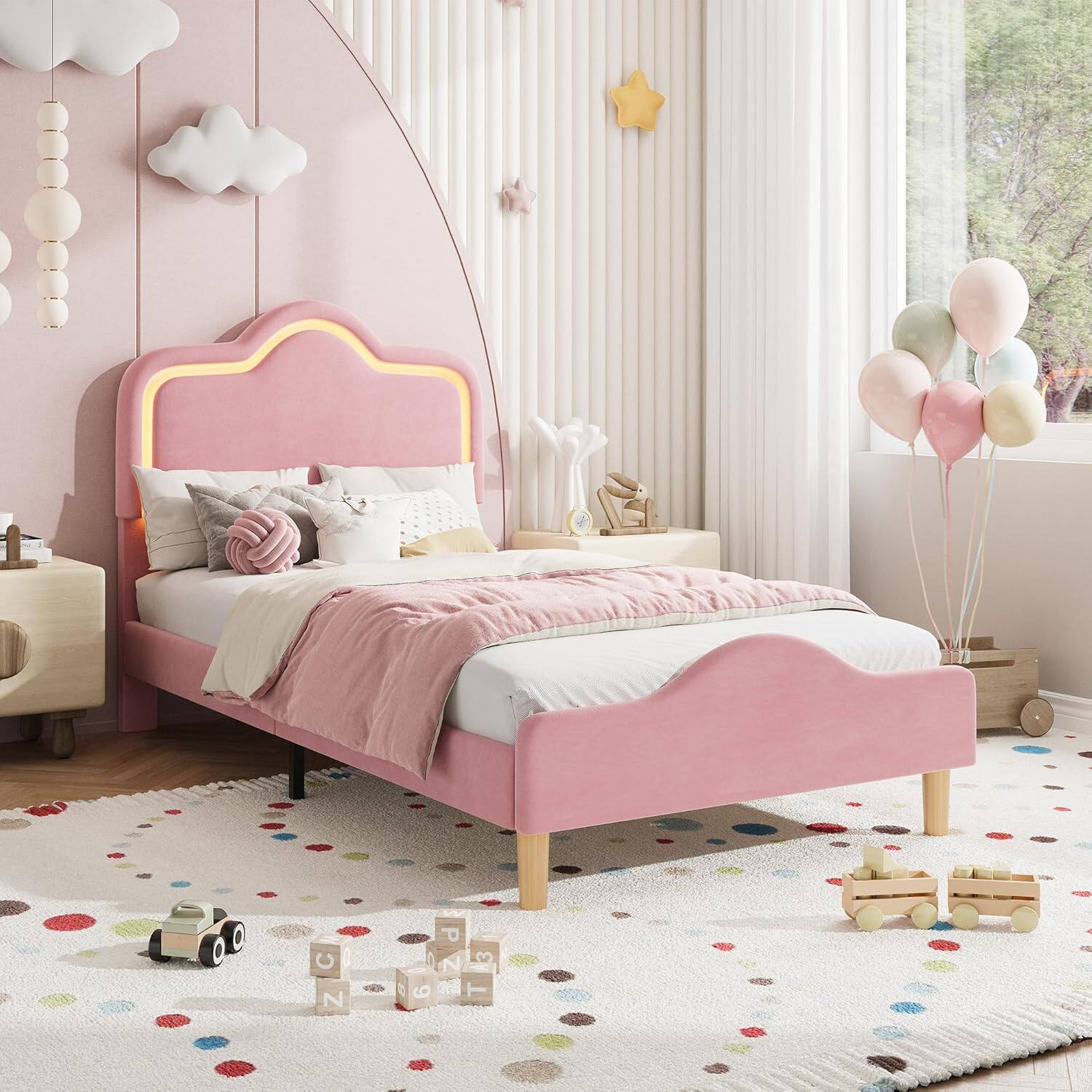 Front. GARVEE - Twin Size Velvet LED Bed Frame with Adjustable Headboard, Princess Platform Bedframe for Kids/Girls - Pink.