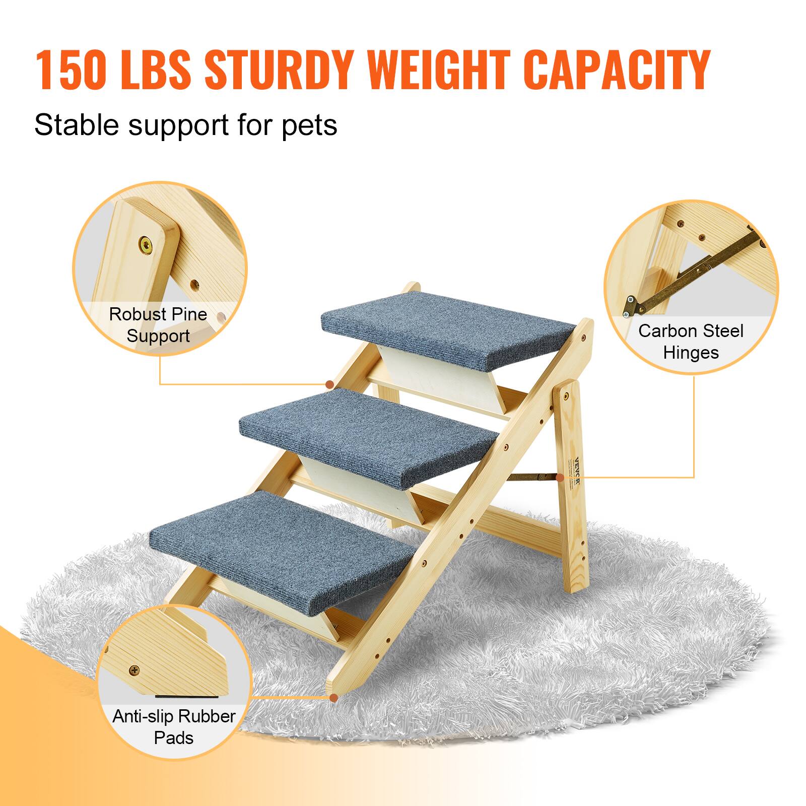 150 LBS STURDY WEIGHT CAPACITY  
Stable support for pets  

- Robust Pine Support  
- Carbon Steel Hinges  
- Anti-slip Rubber Pads