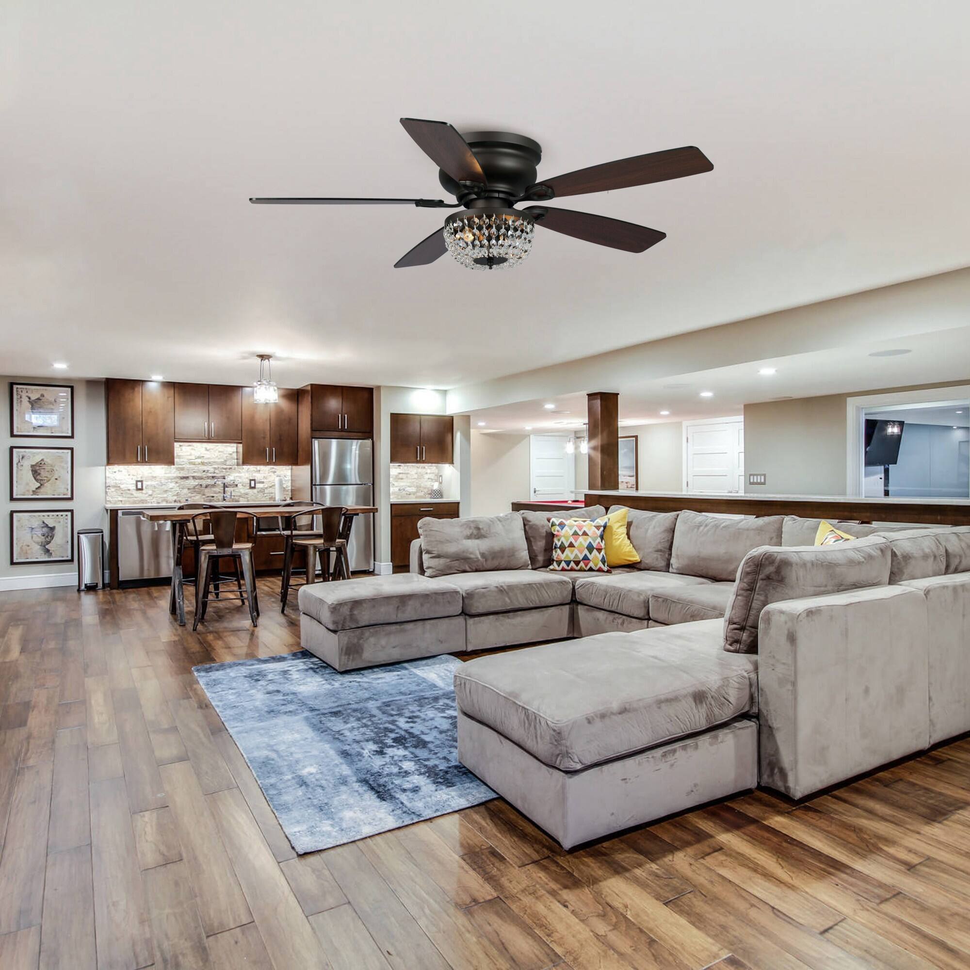 Left. Parrot Uncle - 48" Bronze Wooden 5-Blade Crystal Flush Mount Ceiling Fan with Remote - Black.