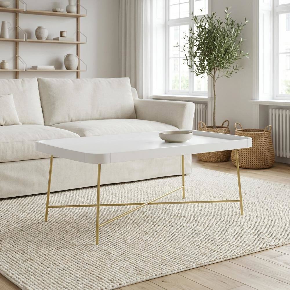Back. FurniFact - White and Gold Coffee Table MDF Top with Contemporary Modern Design - White / Gold.