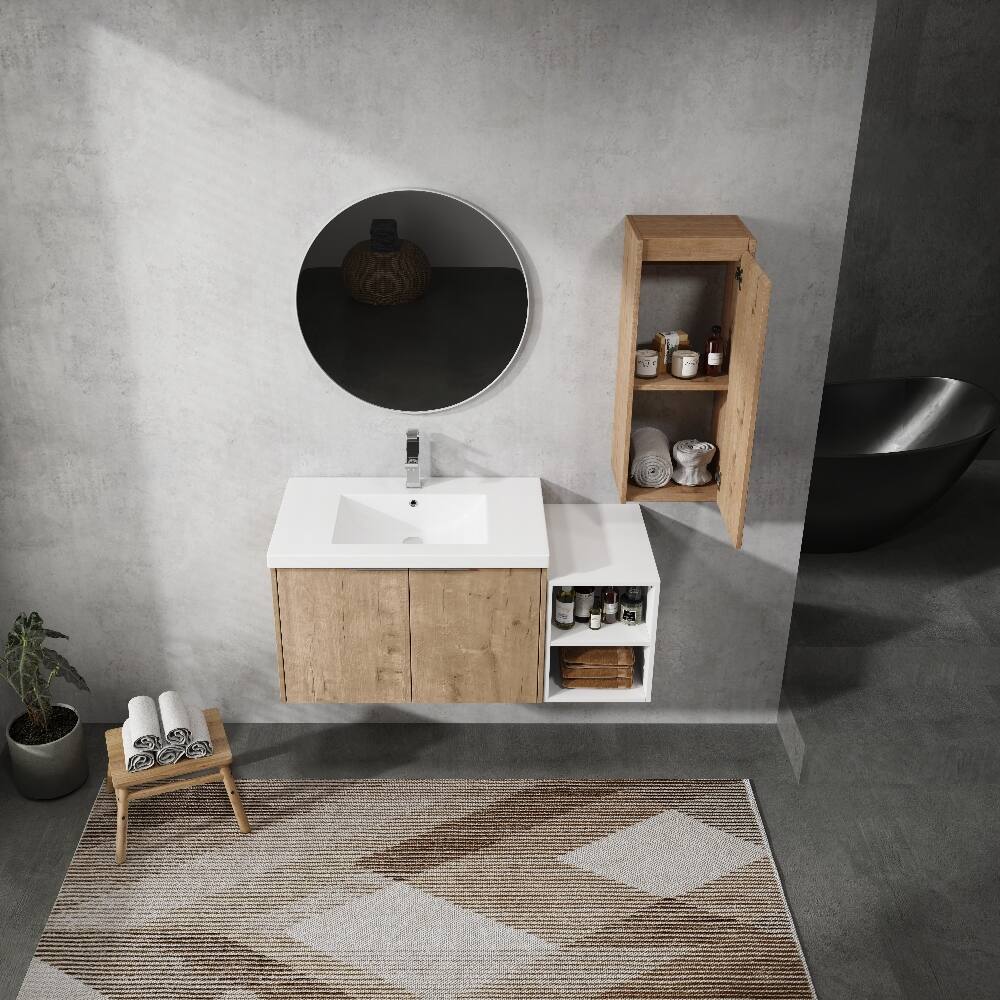 Alt View 3. Loheer - Loheer 42 inch wall mounted bathroom vanity Imitative Oak Floating Cabinet with Resin Sink - Imitative Oak.
