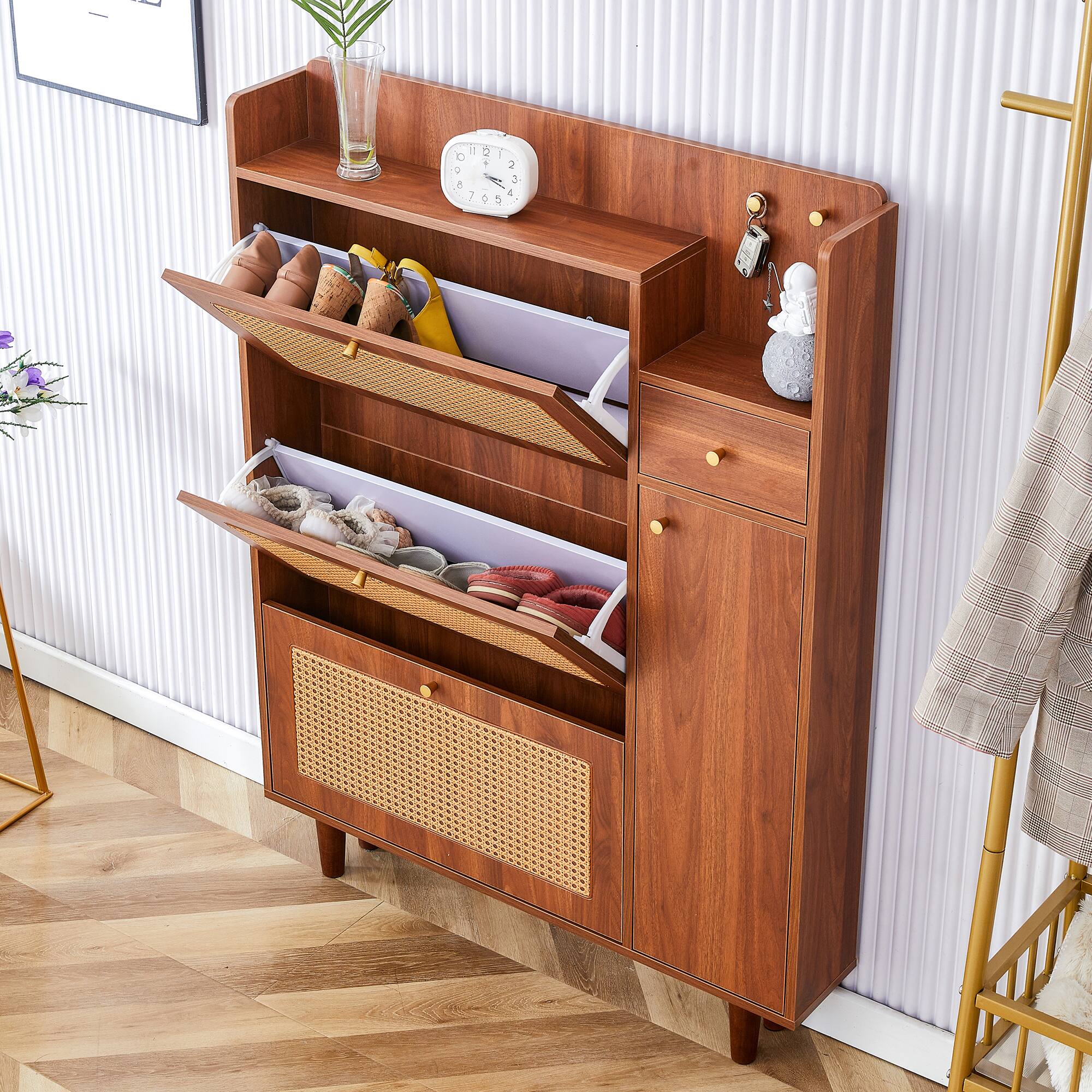 Back. Loheer - Loheer- Modern Narrow Shoe Cabinet 3.1x0.6x4.1 ft MDF Entryway Shoe Organizer Slim Hidden Storage for Small Hallways - Walnut.