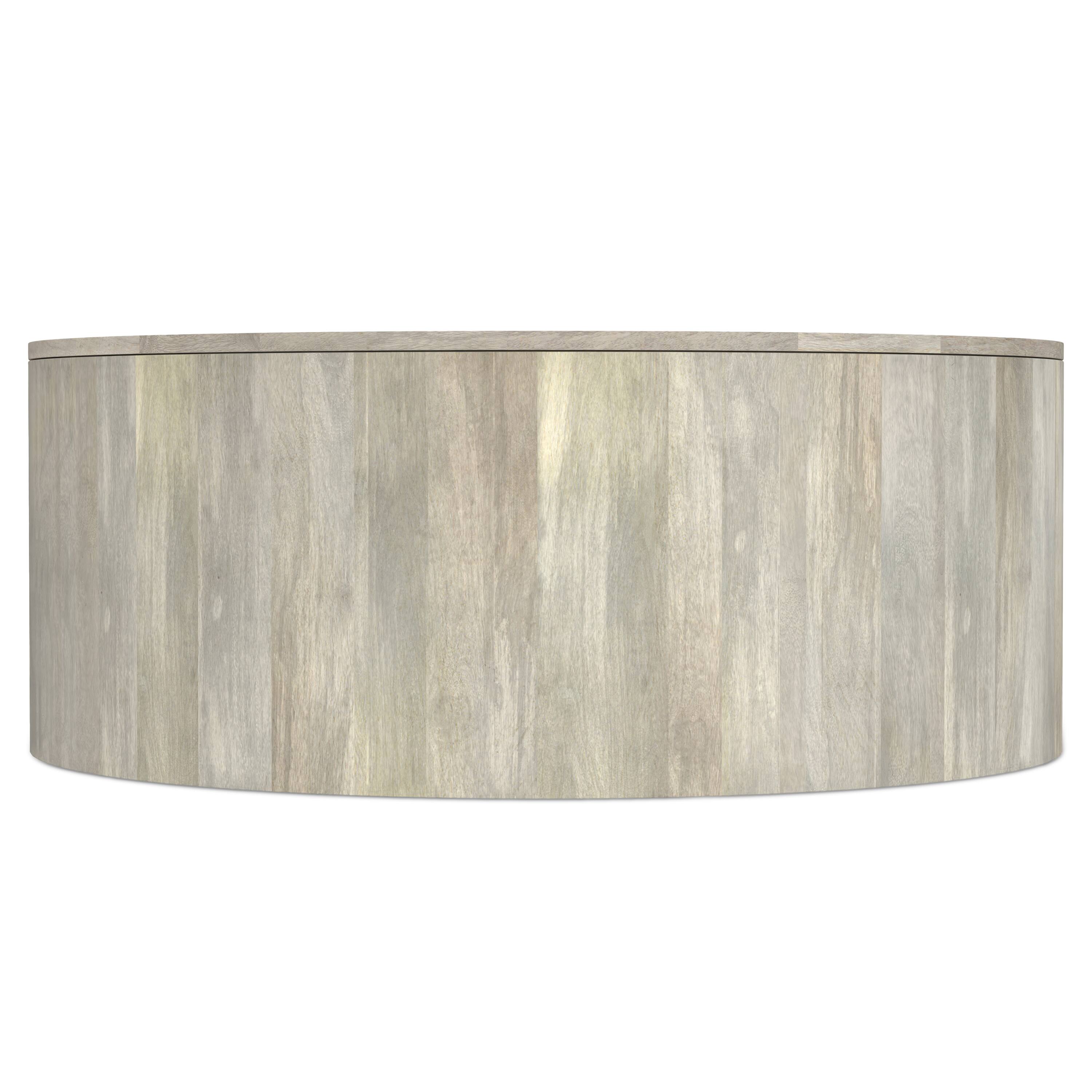 Left. Simpli Home - Millbury SOLID MANGO WOOD 36 inch Wide Round Contemporary Drum Coffee Table in White Wash, Fully Assembled - White Wash.