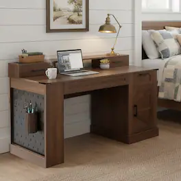 Boyel Living - 55 Inch Farmhouse Desk with Barn Door Cabinet and Charging Station Dark Walnut - White