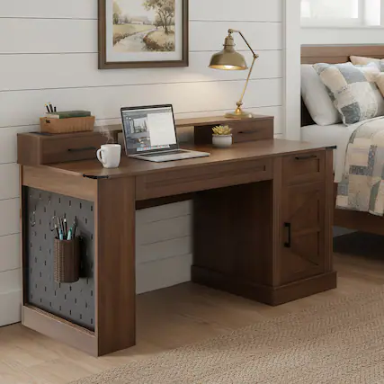 Front. Boyel Living - 55 Inch Farmhouse Desk with Barn Door Cabinet and Charging Station Dark Walnut - White.