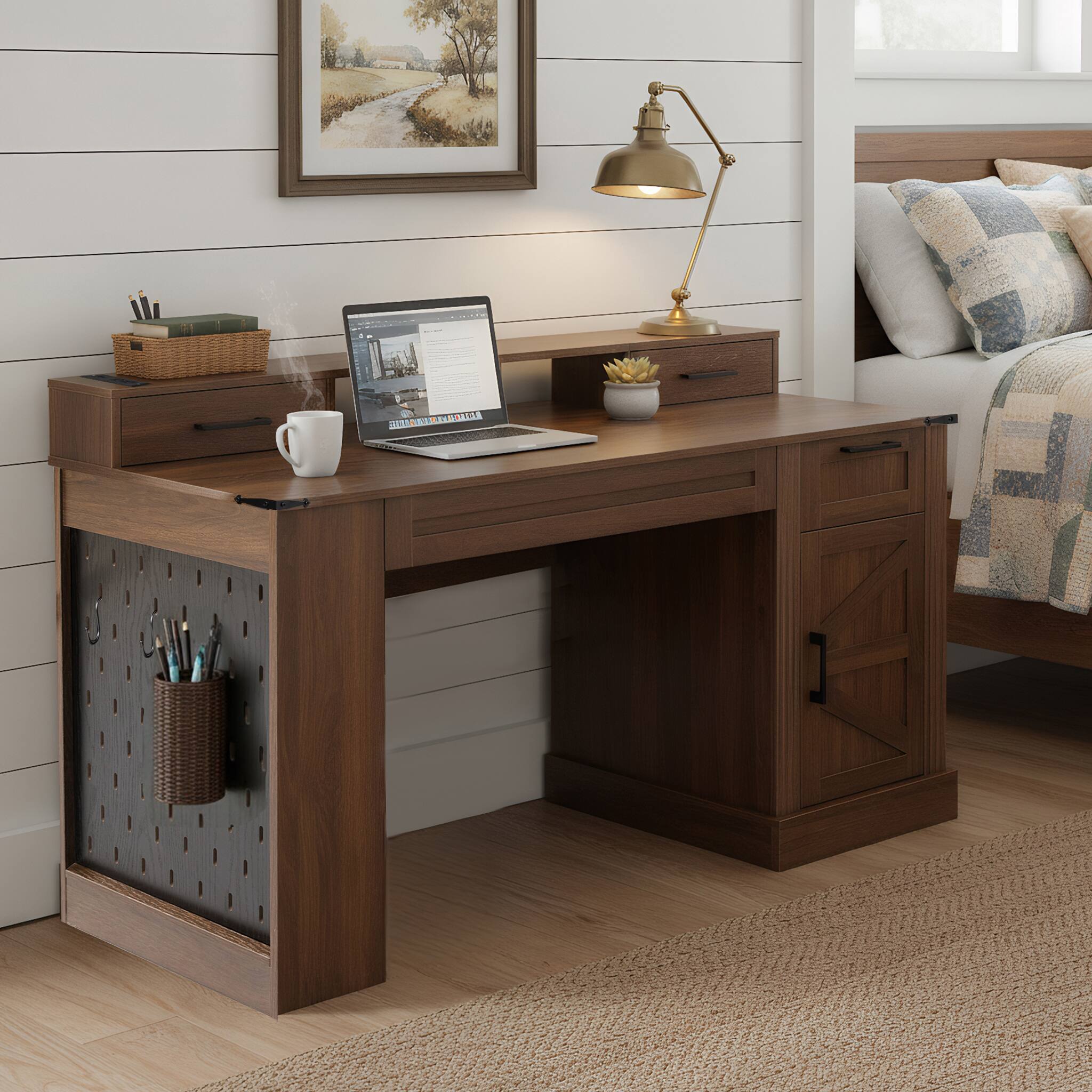 Front. Boyel Living - 55 Inch Farmhouse Desk with Barn Door Cabinet and Charging Station Dark Walnut - White.