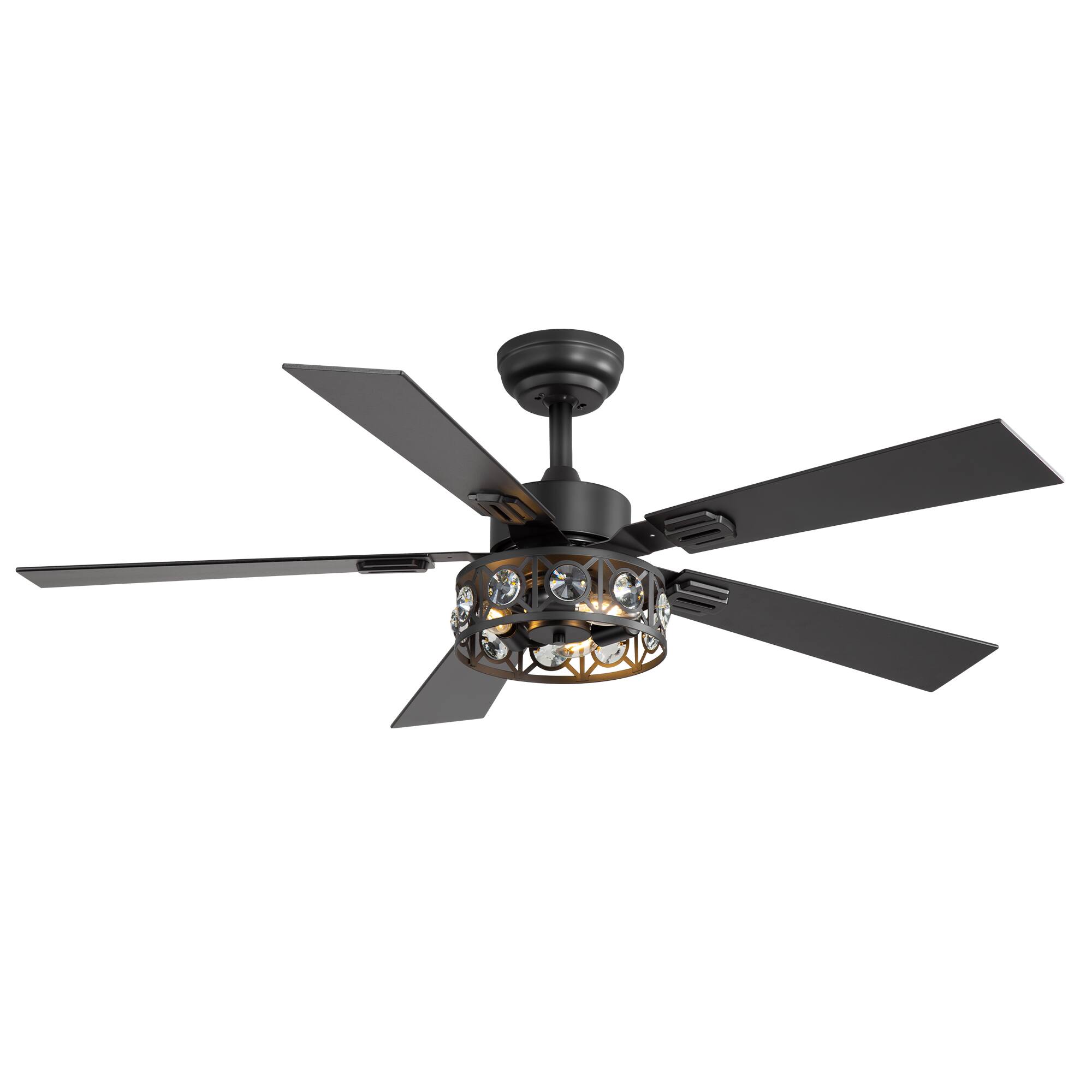 Angle. Breezary - 48" Ceiling Fan with 5 Plywood Dual Finish Blades, 6 Speeds, DC Motor, 4''&8'' Downrods, Remote Control & Timer - Matte Black and Dark Wood Grain.