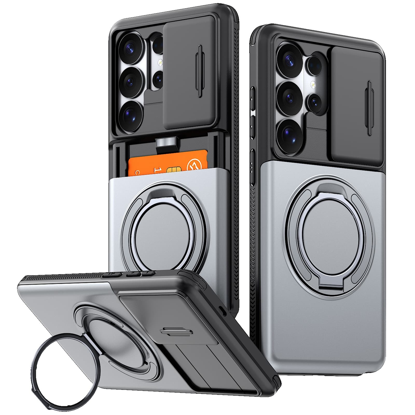 Dteck - Rugged Case for Samsung Galaxy S25 Ultra Shockproof Drop Protection Hidden Card Slot Ring Kickstand Sliding Camera Cover - Gray