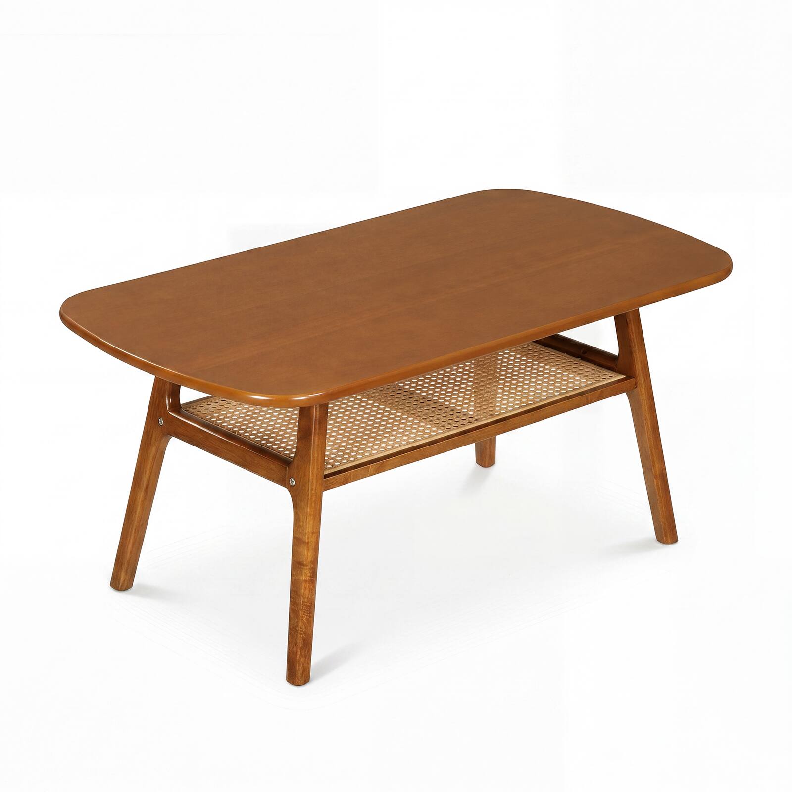 Alt View 9. Gymax - Gymax Boho Rattan Coffee Table 2-Tier Accent Table w/Rounded Corners Storage Shelf Walnut - Brown.
