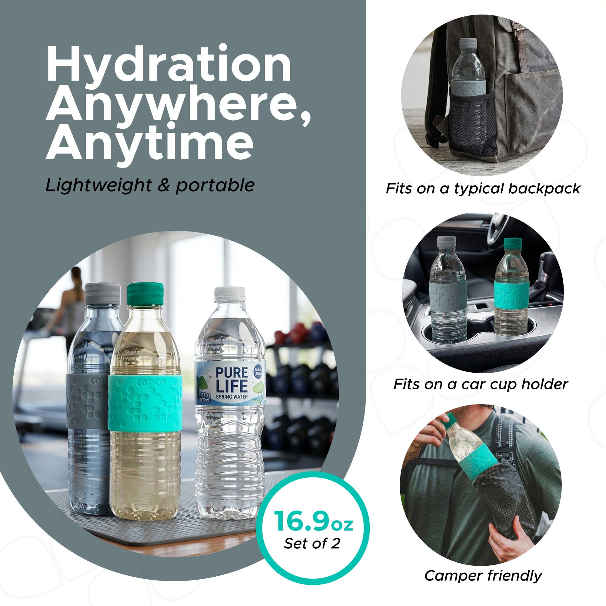 Hydration Anywhere, Anytime  
Lightweight & portable  
Fits on a typical backpack  
Fits on a car cup holder  
16.9oz Set of 2  
Camper friendly