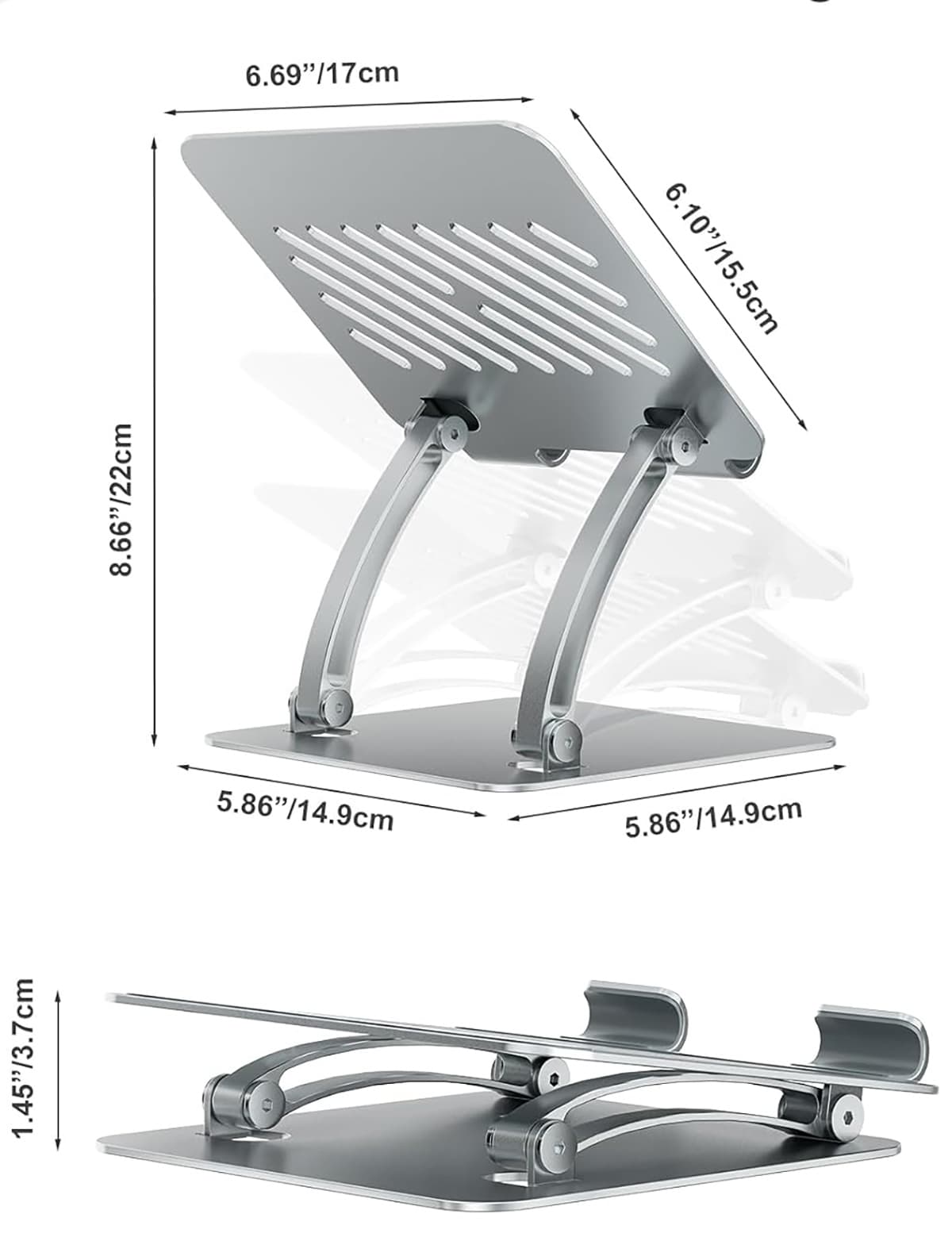 8.66"/22cm  
6.69"/17cm  
6.10"/15.5cm  
5.86"/14.9cm  
5.86"/14.9cm  
1.45"/3.7cm