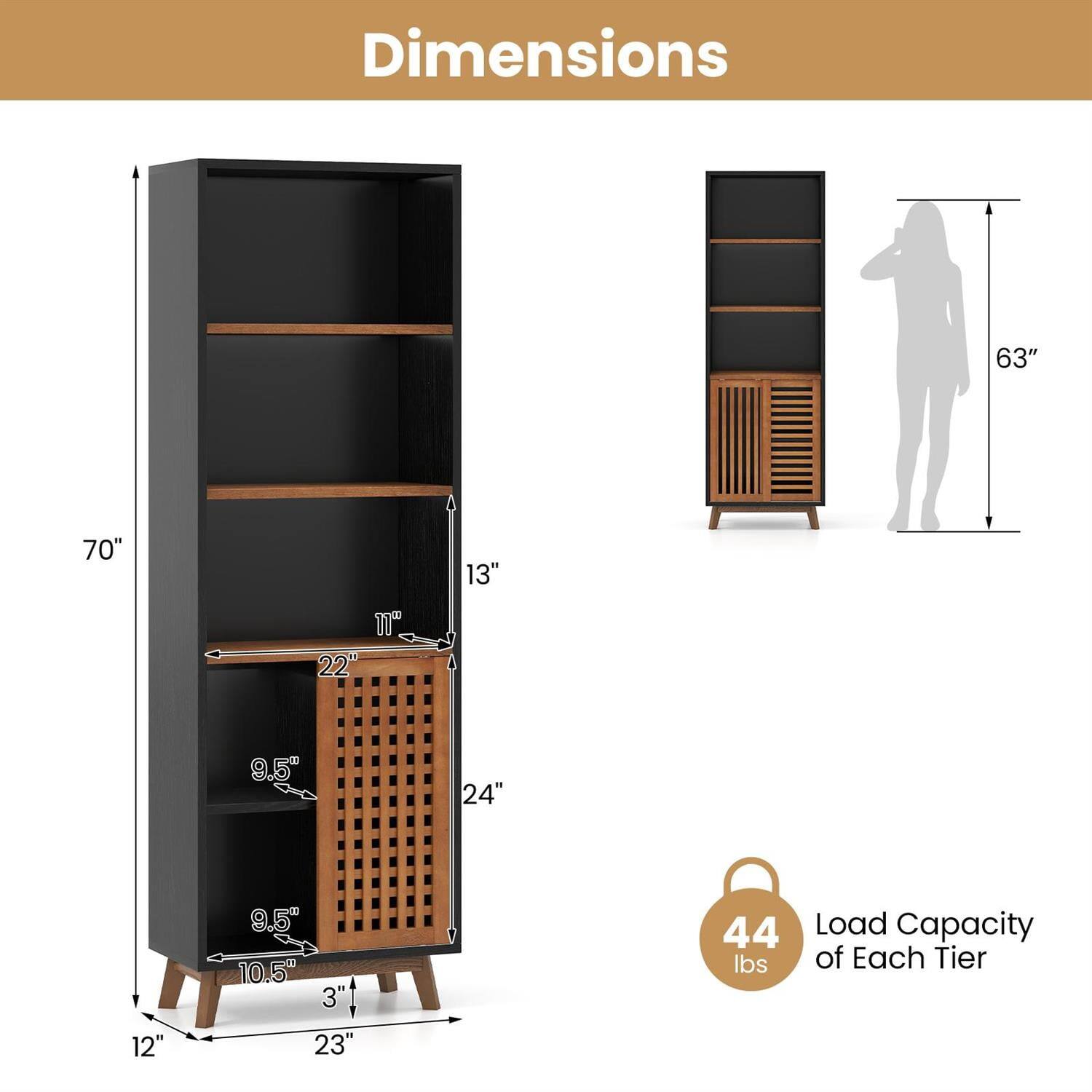 Dimensions:  
- Height: 70"  
- Width: 13"  
- Depth: 24"  
- Shelf Depth: 9.5"  
- Shelf Spacing: 10.5"  
- Bottom Shelf Height from Floor: 12"  
- Load Capacity of Each Tier: 44 lbs