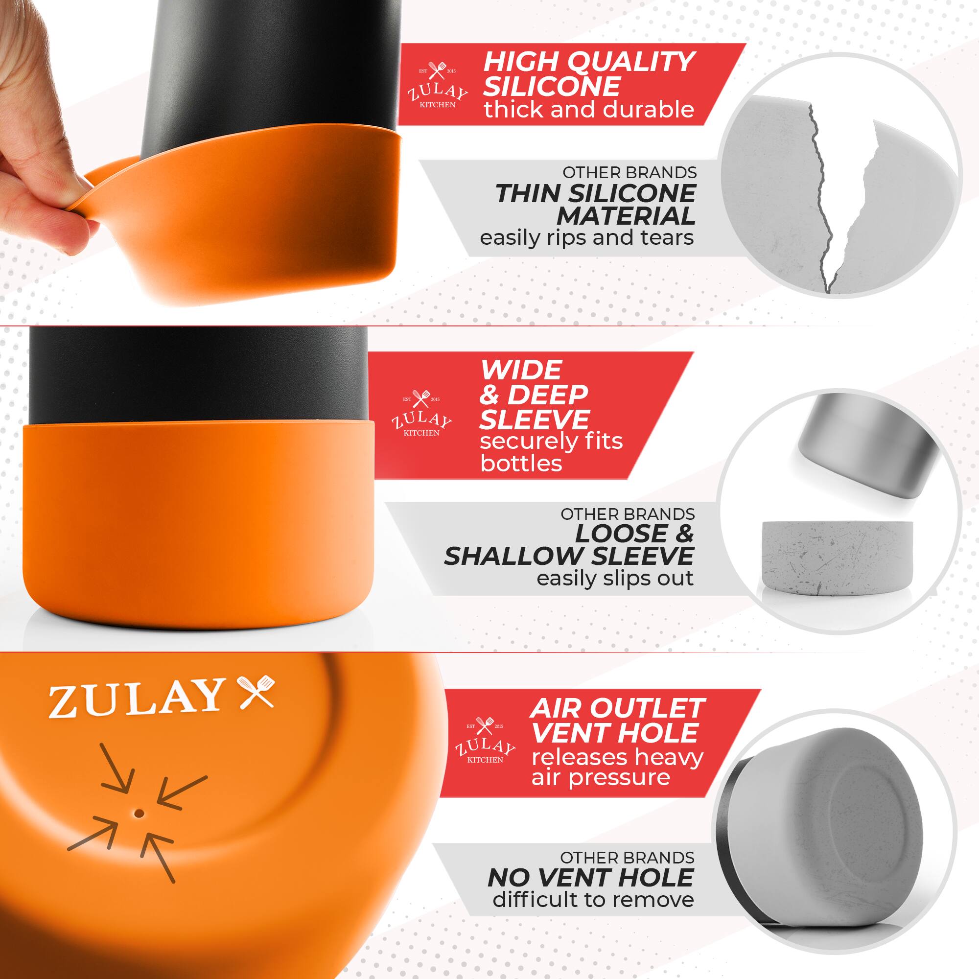 - **High Quality Silicone**  
  Thick and durable  
  Other brands: Thin silicone material easily rips and tears

- **Wide & Deep Sleeve**  
  Securely fits bottles  
  Other brands: Loose & shallow sleeve easily slips out

- **Air Outlet Vent Hole**  
  Releases heavy air pressure  
  Other brands: No vent hole difficult to remove