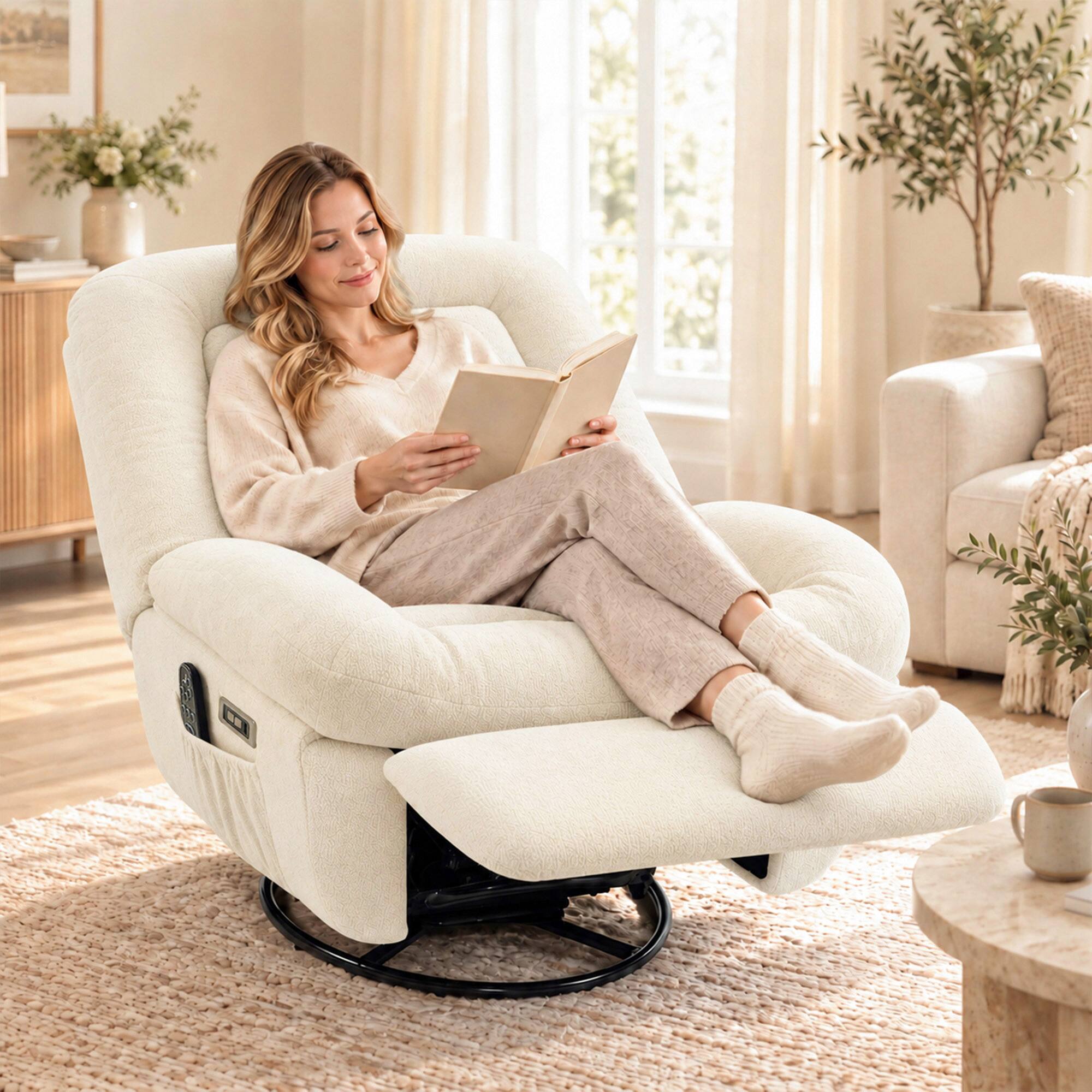 Alt View 1. Homcom - Power Recliner Chair with Massage and Heat, USB Port, Overstuffed Chenille Swivel Rocker Recliner - Cream White.