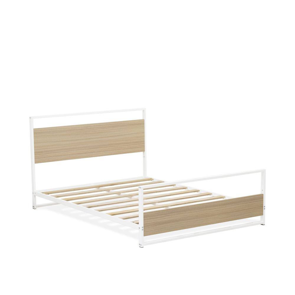 Left. East West Furniture - Erie Platform Bed Frame with 4 Metal Legs - High-class Bed in Powder Coating White Color and White Wood laminate - White.