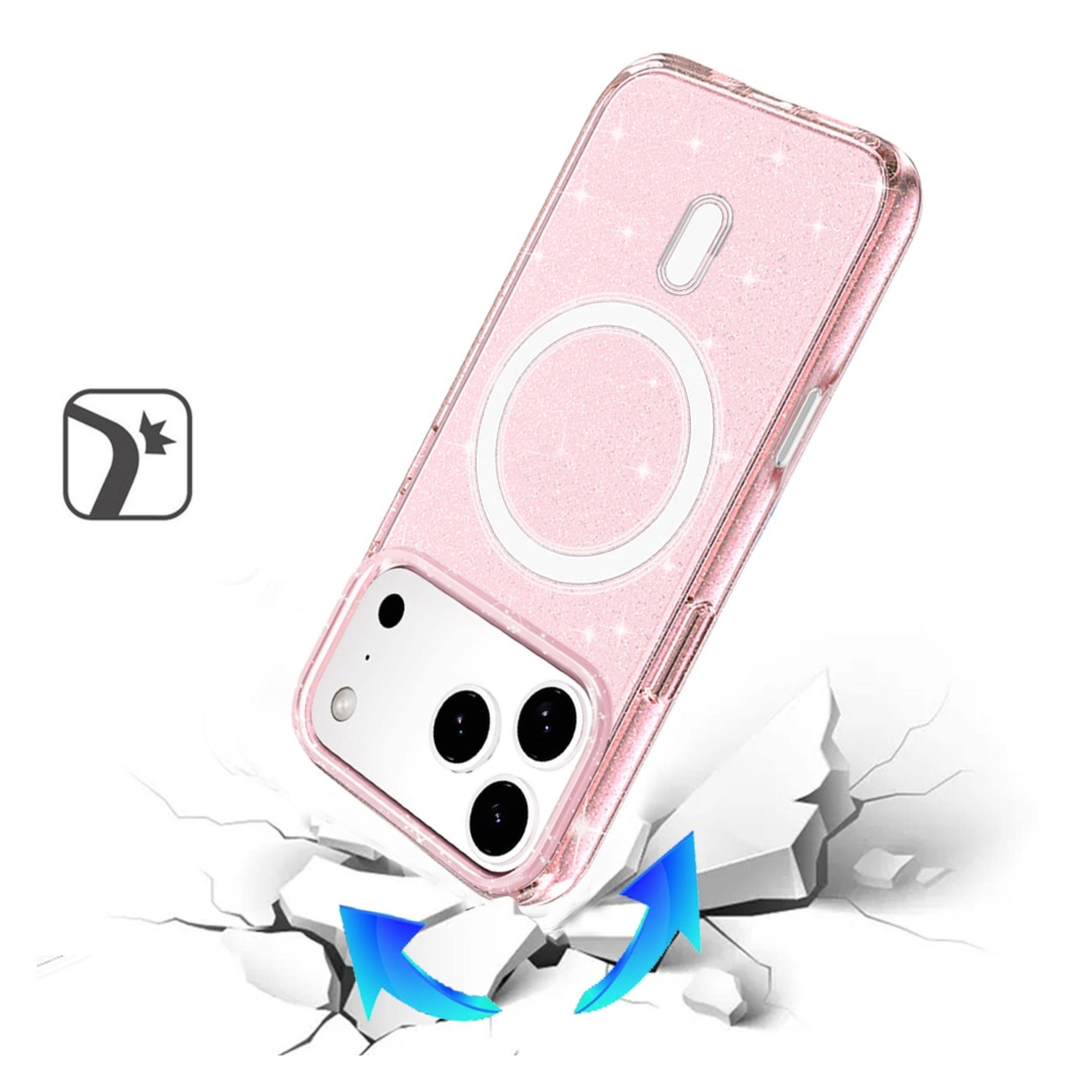 Left. Kitcheniva - Translucent Glitter Thick Magnetic Circle Phone Case With Tempered Glass For iPhone 17 Pro Pink - Pink.